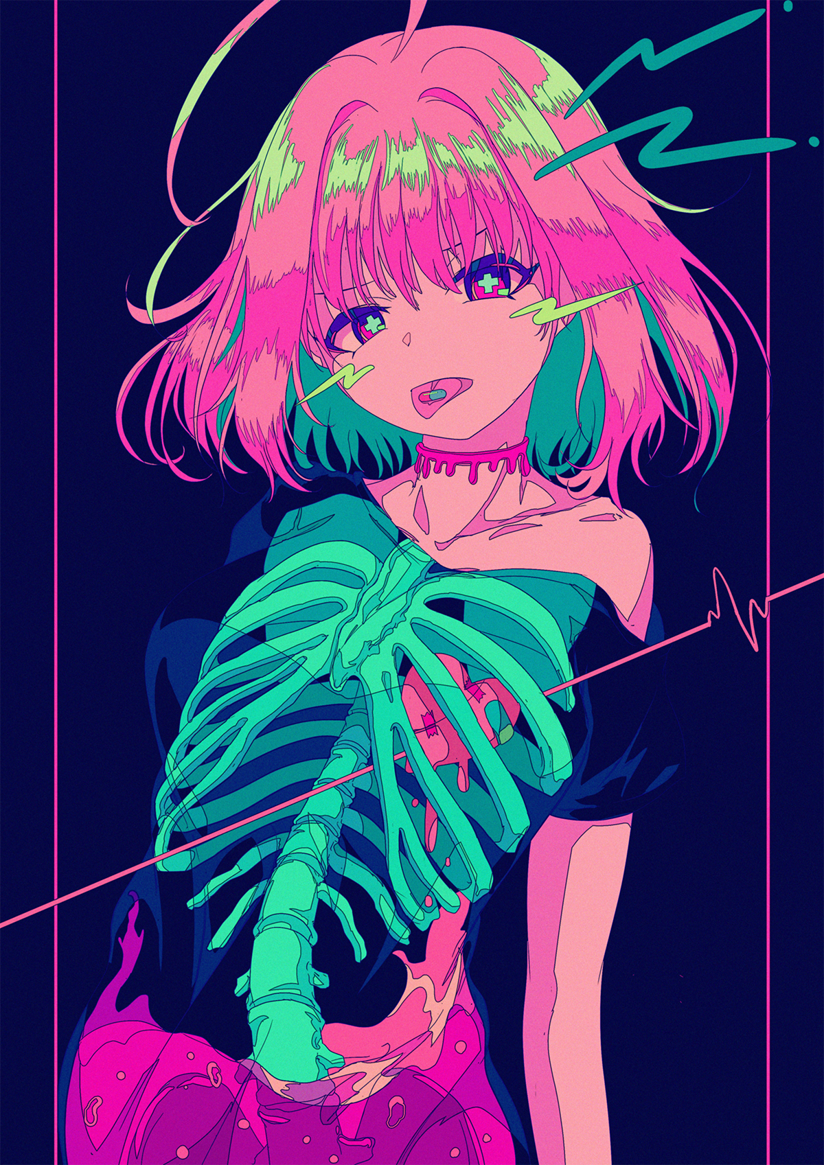Anime 1200x1697 anime anime girls THE iDOLM@STER: Cinderella Girls Riamu Yumemi Berry Verrine ribs ghoul heart cyan pink hair tongue out pink THE iDOLM@STER drugs