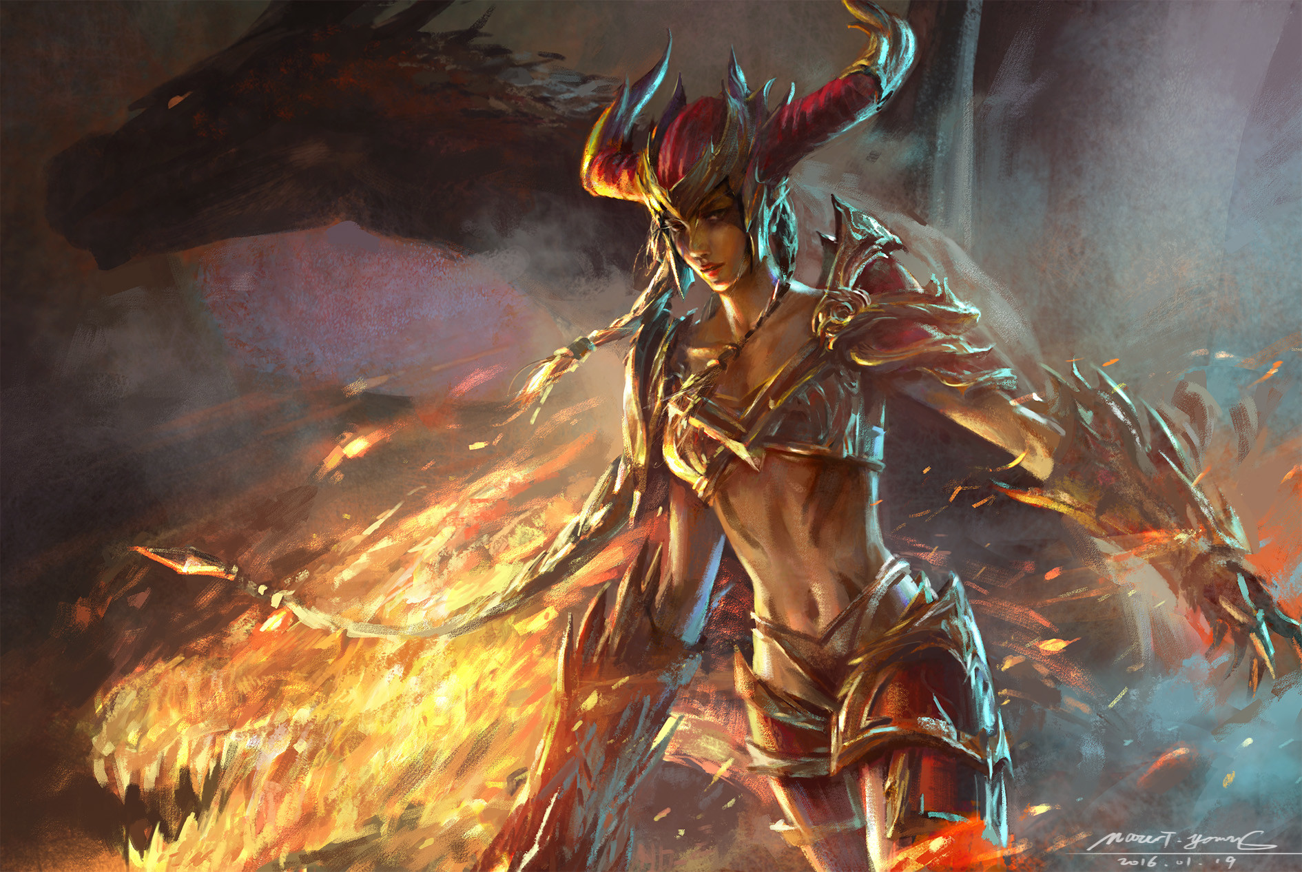 General 1890x1266 League of Legends Shyvana fire Mazert Young fantasy art fantasy girl dragon creature looking at viewer helmet artwork ArtStation 2016 (year)