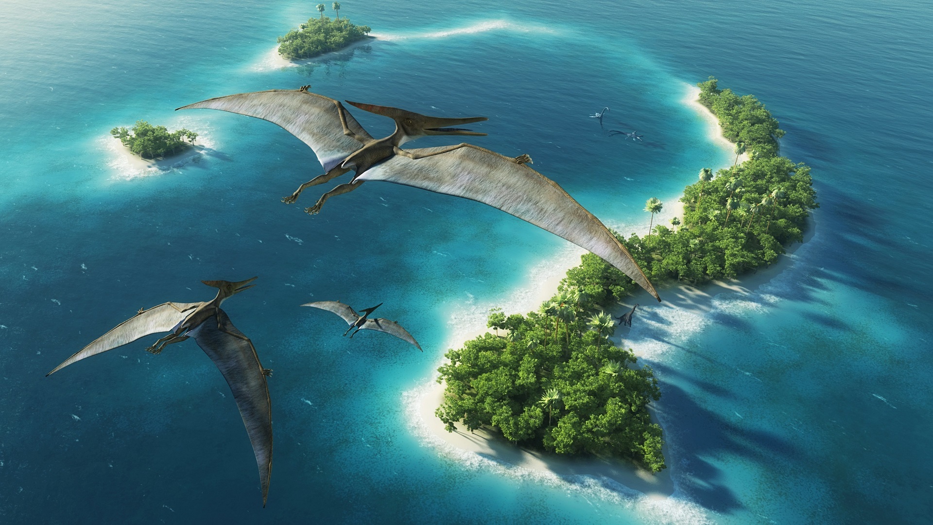 General 1920x1080 dinosaurs nature landscape artwork digital art Pteranodon sea island trees forest aerial view