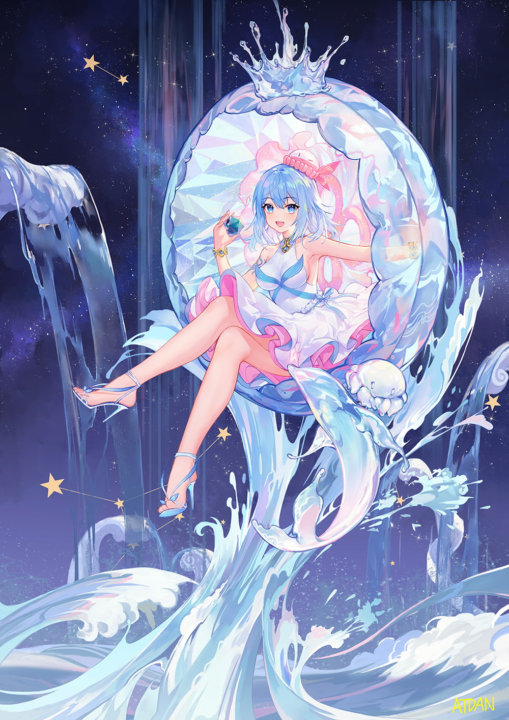 Anime 1000x1415 anime anime girls digital art artwork portrait display water open mouth space blue hair blue eyes dress blue dress hat legs Atdan heels high heels