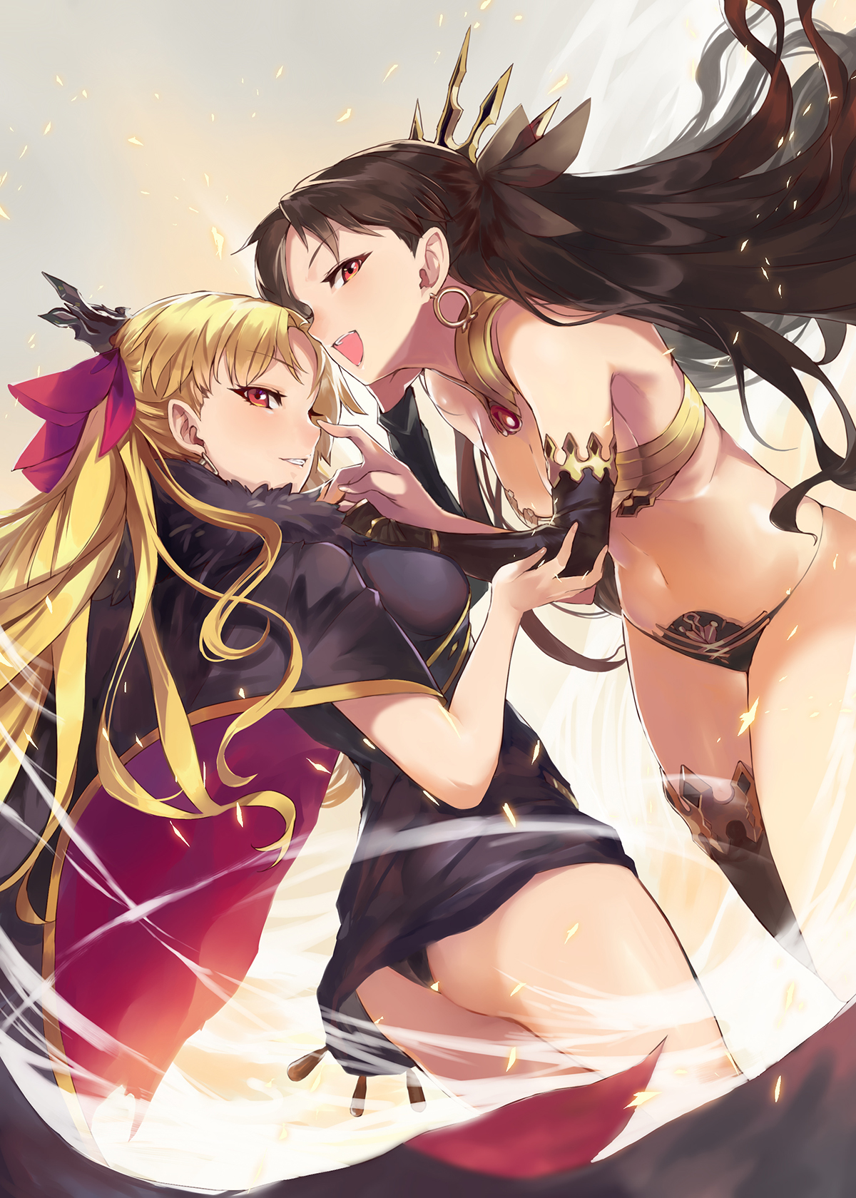 Anime 1200x1679 anime anime girls digital art artwork Fate series Fate/Grand Order Ishtar (Fate/Grand Order) Ereshkigal (Fate/Grand Order) black hair blonde red eyes ponytail ass boobs big boobs bare shoulders belly button open mouth long hair OHLAND