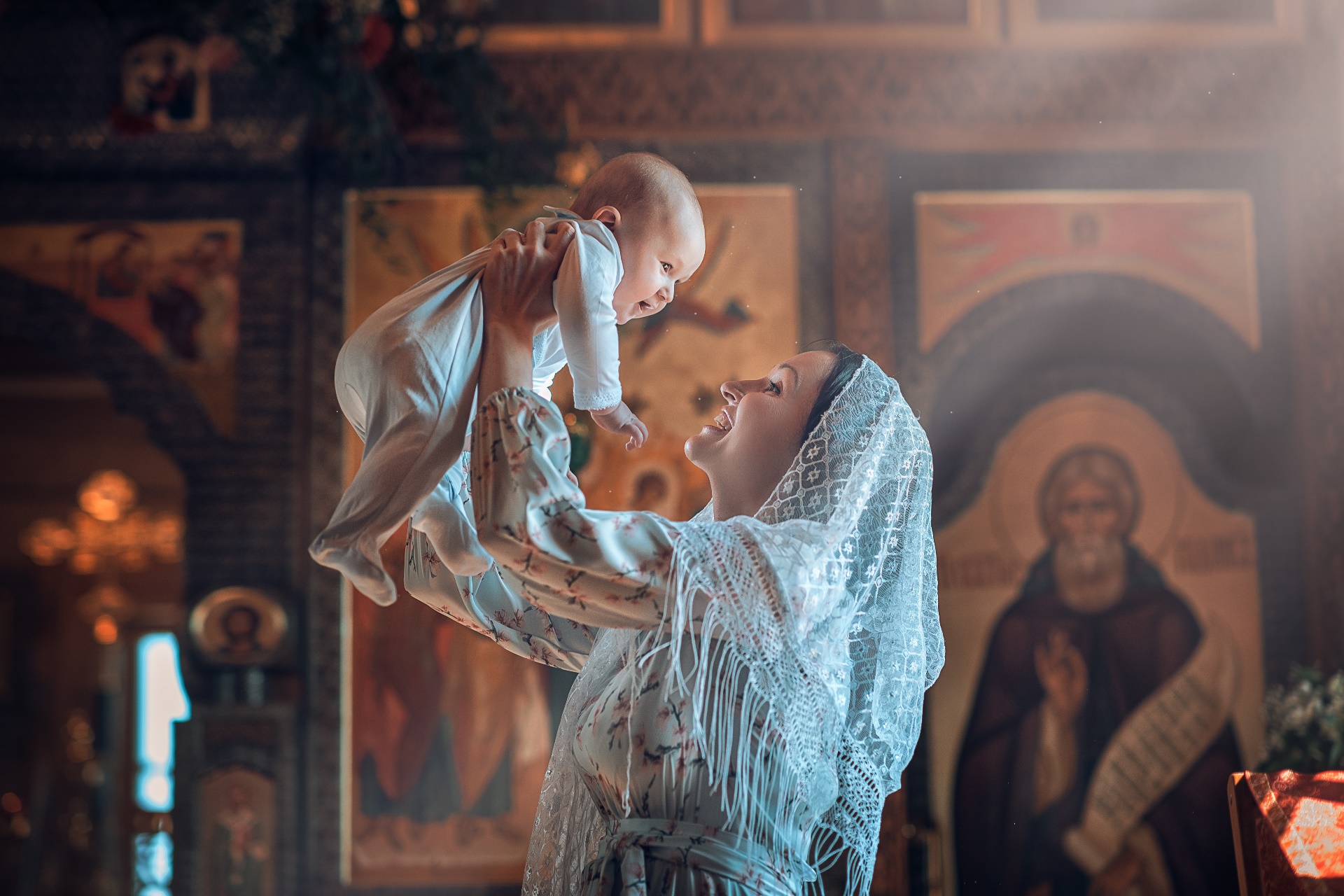 People 1920x1280 church Mother baby love women Russia