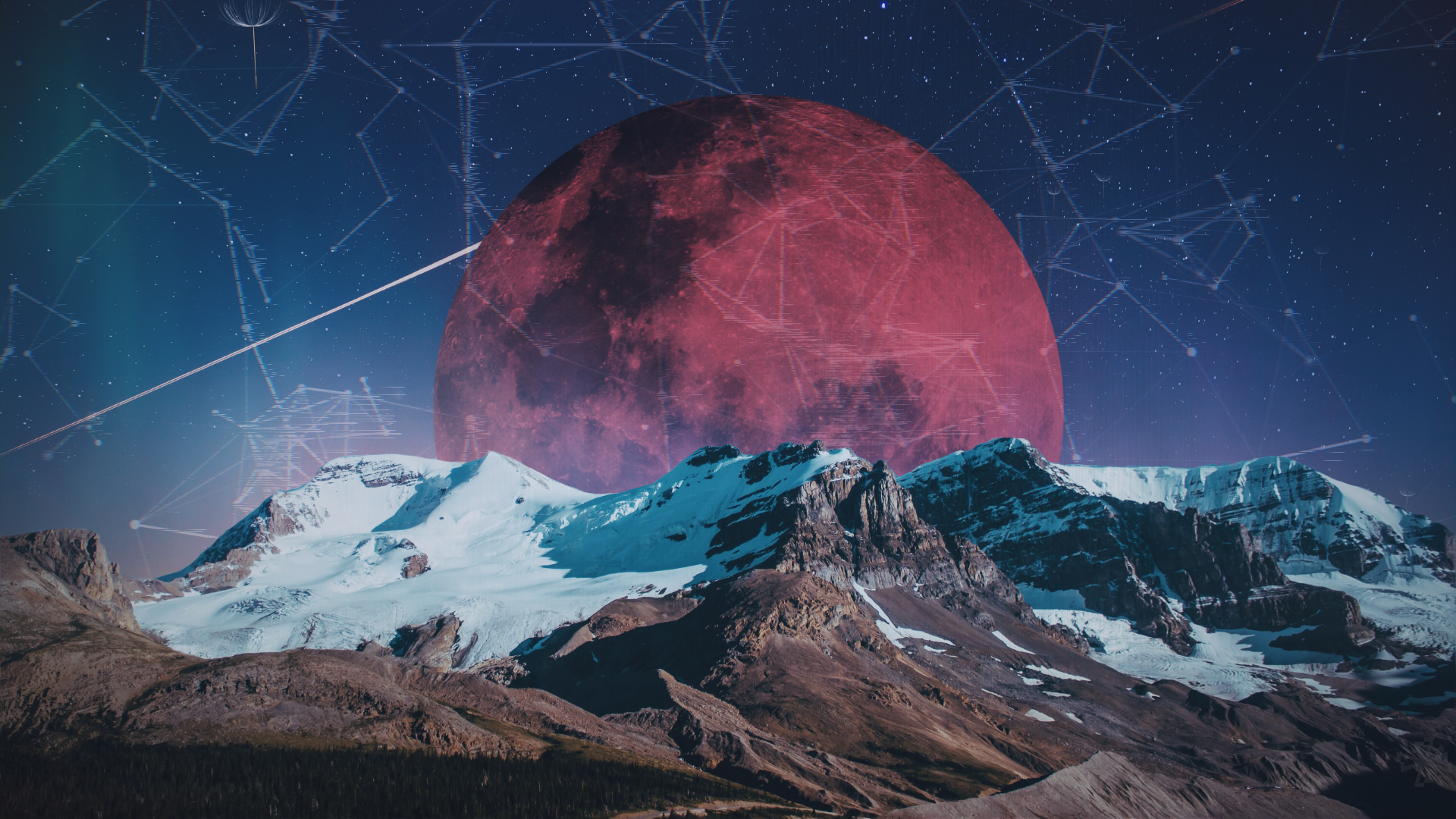 General 1920x1080 space Moon red moon mountains glitch art snow constellations