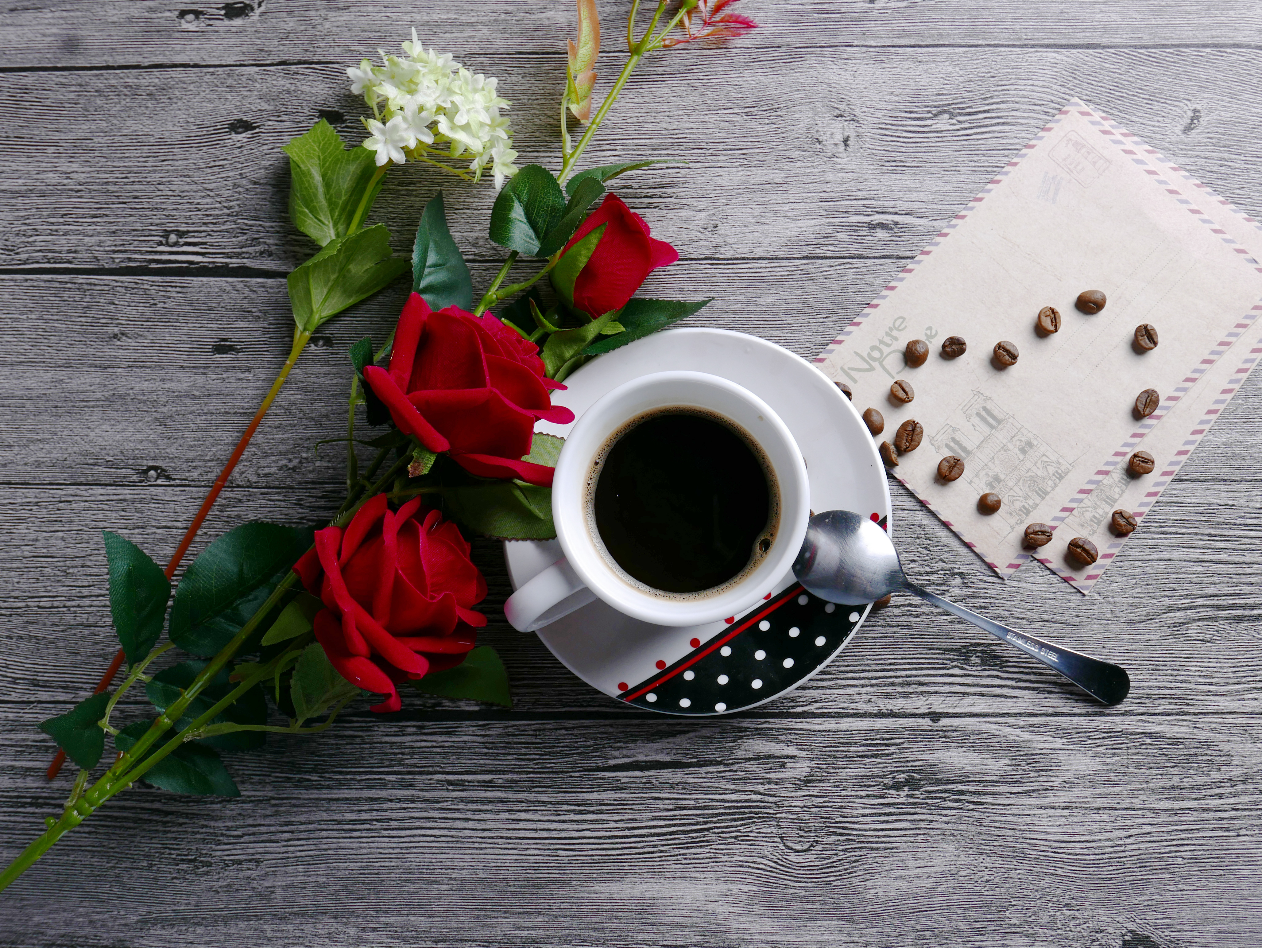 coffee, coffee beans, coffee cup, flowers | 4112x3088 Wallpaper