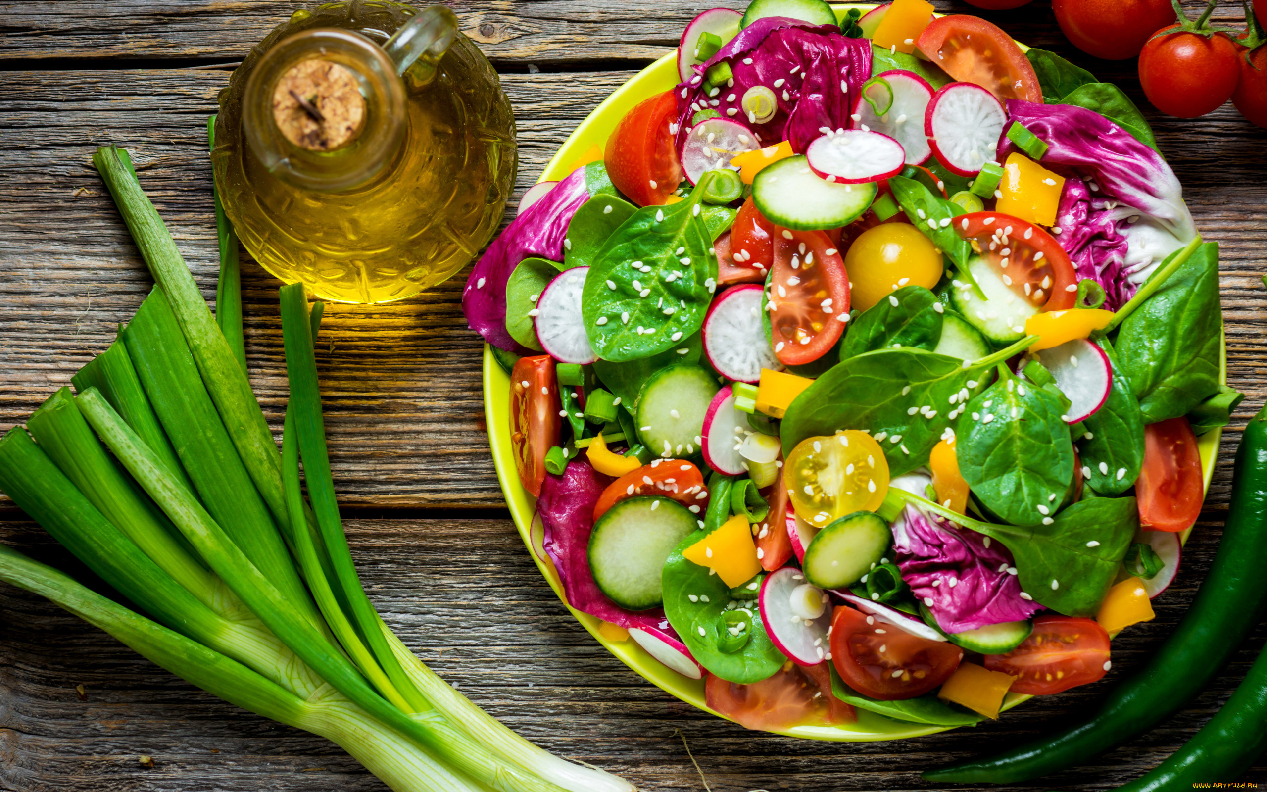 General 2560x1600 food colorful salad vegetables olive oil radish lettuce seeds wooden surface cucumbers watermarked closeup