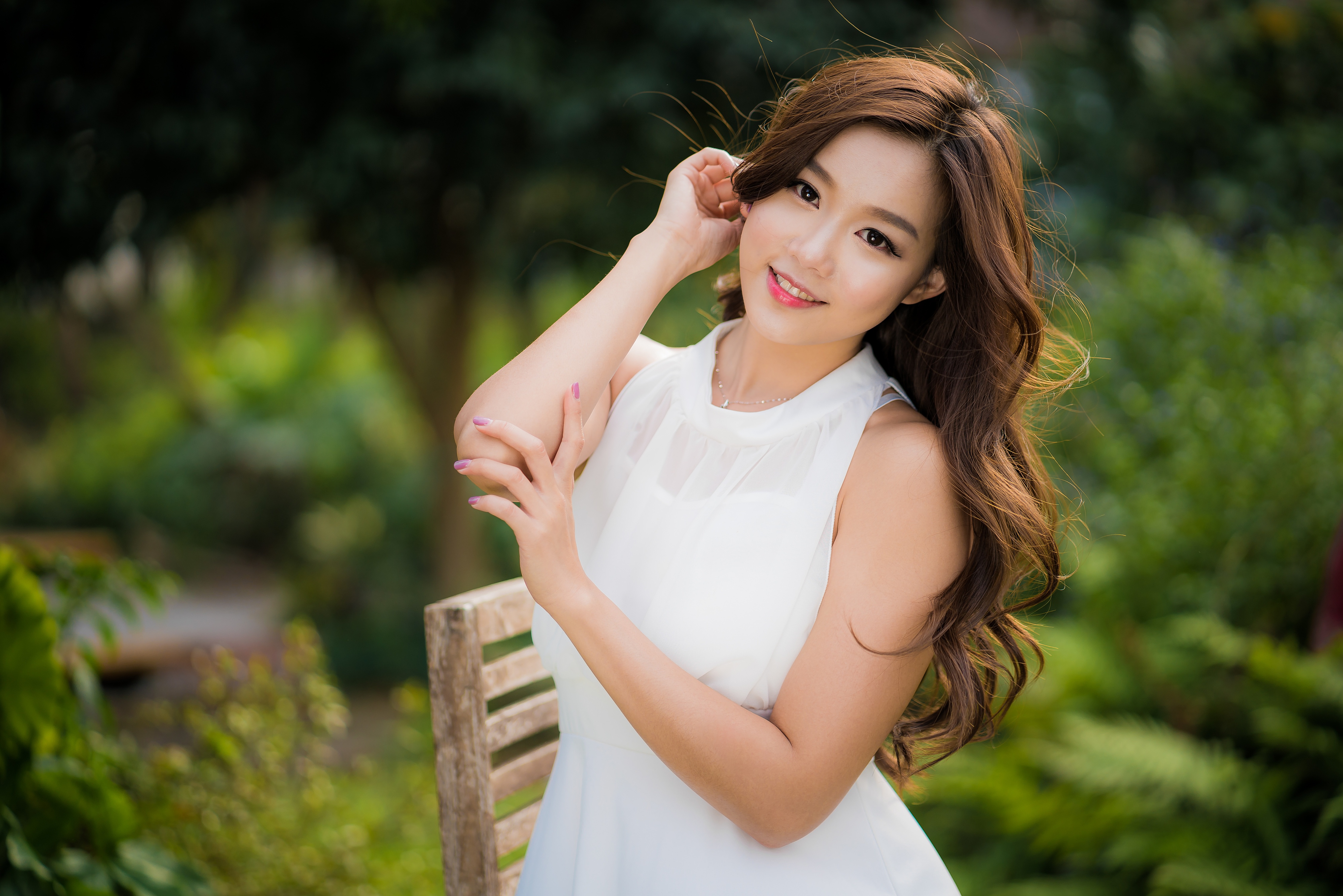 People 4500x3002 Asian women model long hair brunette depth of field white dress bench