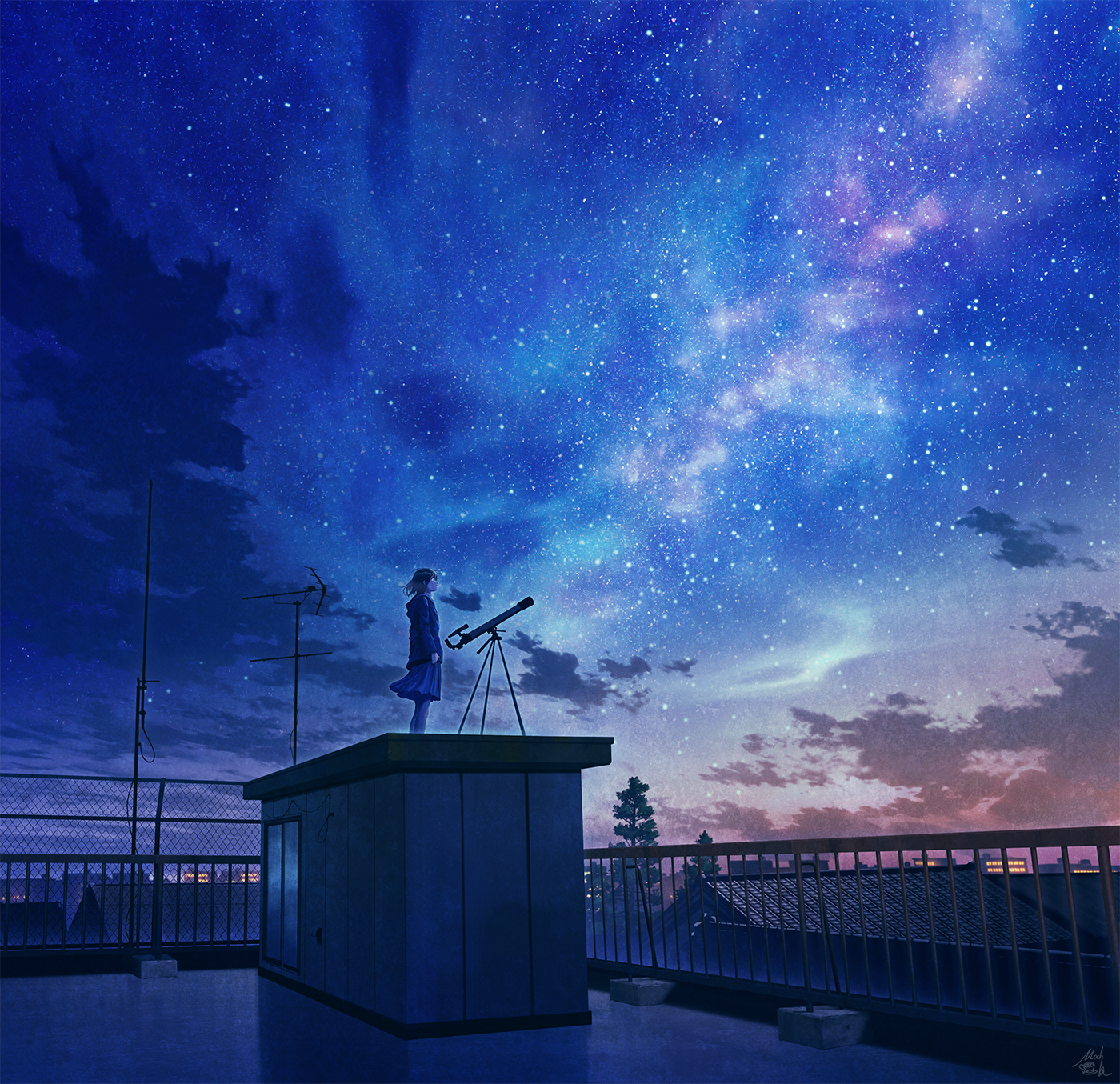 Anime 1400x1355 anime night sky sky stars rooftops moescape