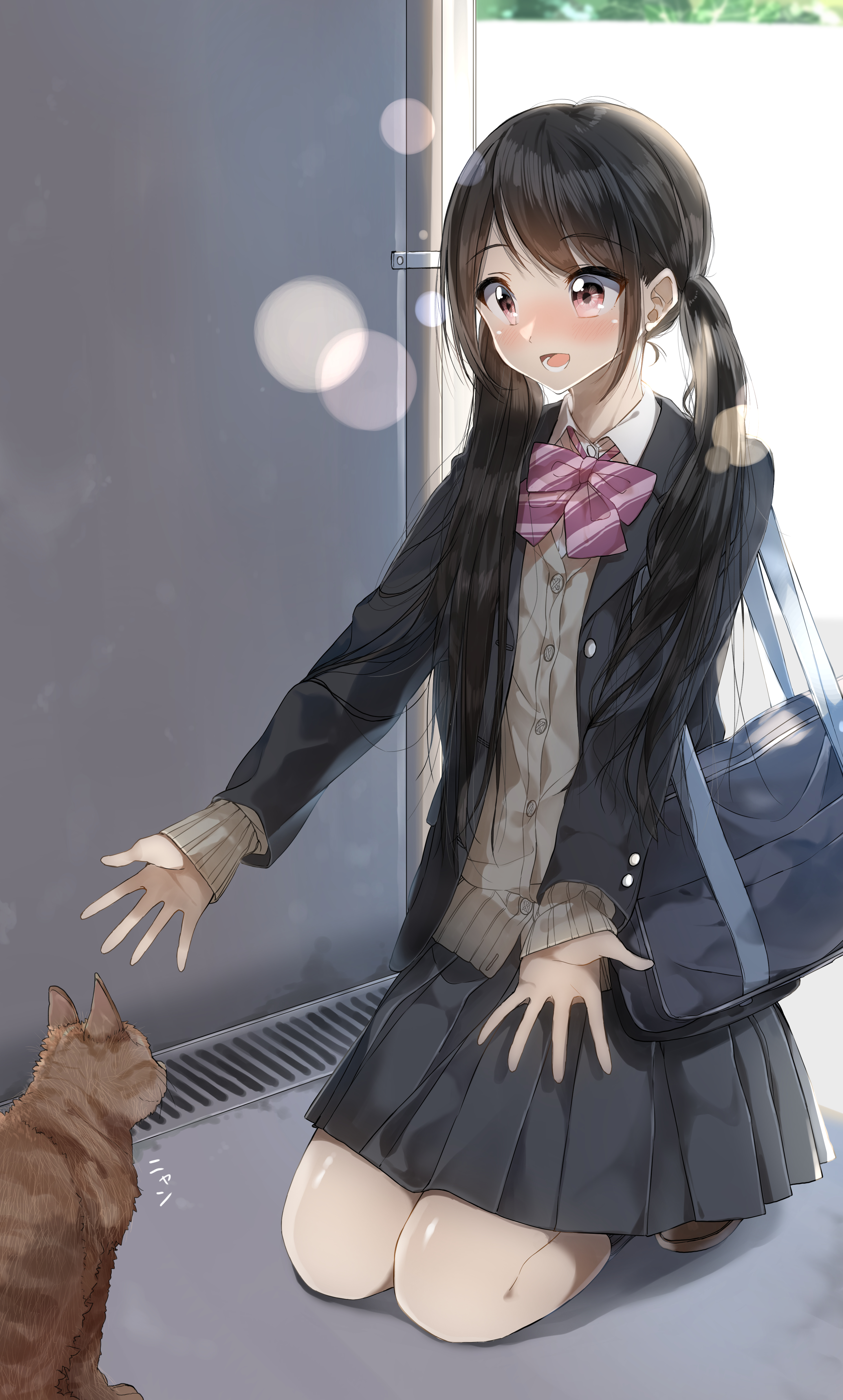 Anime 2912x4836 anime anime girls digital art artwork 2D portrait display RailgunKy school uniform cats dark hair long hair twintails blushing kneeling