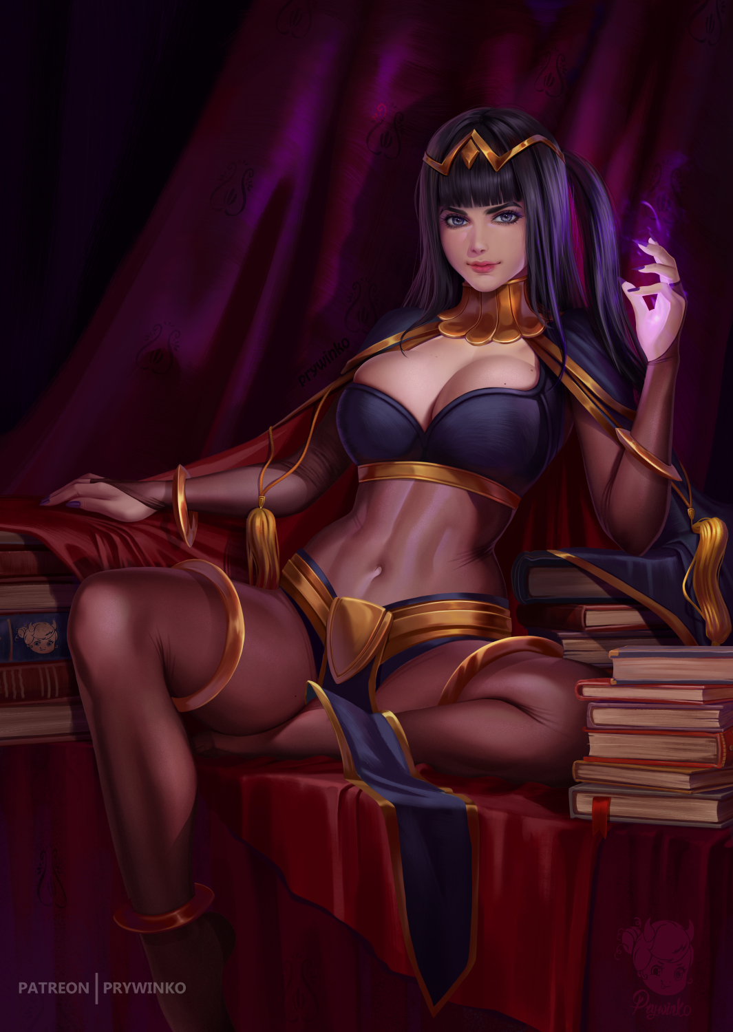 Anime 1065x1500 Prywinko drawing Fire Emblem Tharja women dark hair long hair straight hair looking at viewer spell bodysuit see-through clothing cleavage books curtains
