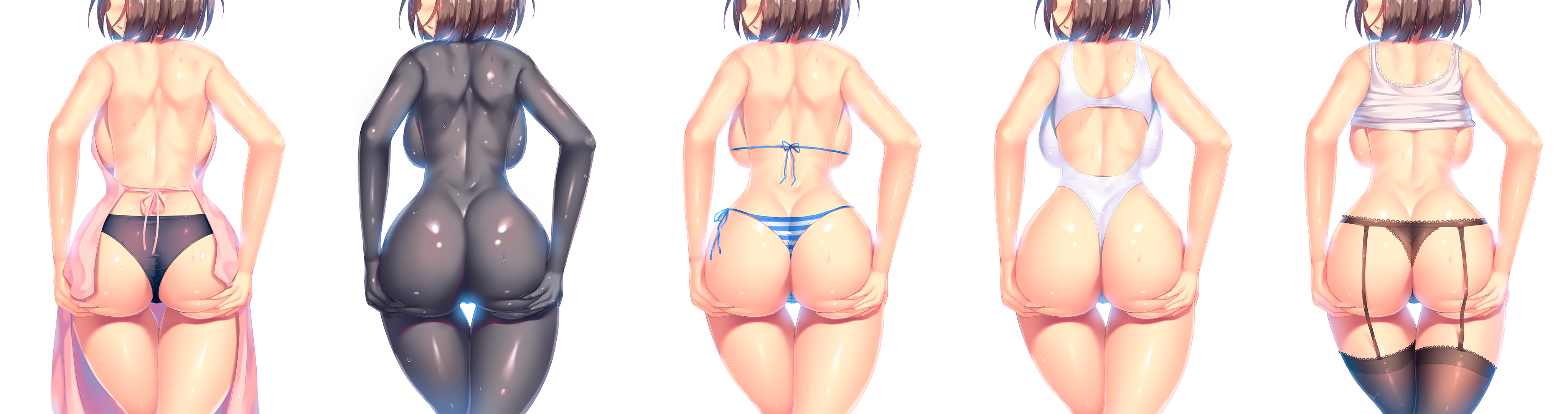 Anime 4087x1080 anime anime girls ass ass grab bodysuit bikini swimwear stockings apron Formfitting leotard lingerie topless sensual clothing outfits short hair booty scoop rear view white background simple background bright