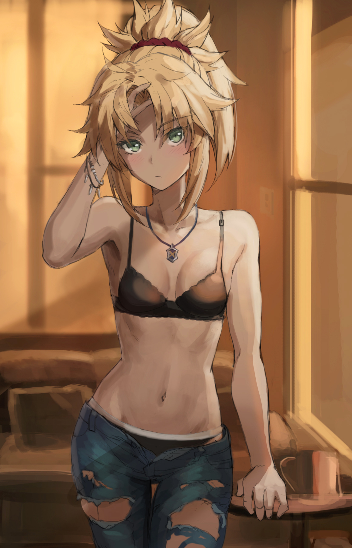 Anime 1162x1810 Fate series Fate/Grand Order Fate/Apocrypha  anime girls ecchi black underwear torn jeans cleavage thighs the gap small boobs sunset bare shoulders Mordred (Fate/Apocrypha) curvy 2D portrait display blonde bra
