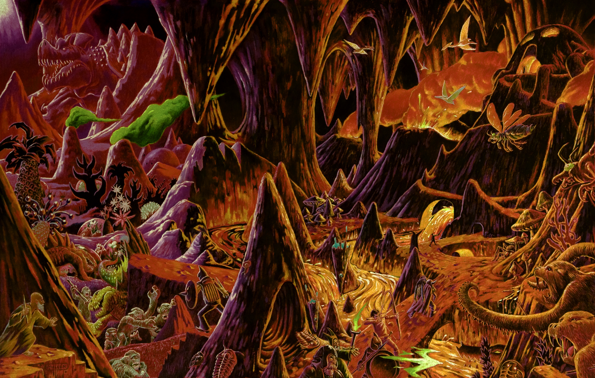 General 2504x1590 Dungeon Crawl Classics Roleplaying Table Top RPG adventurers digital art Goodman Games smoke dinosaurs creature pointy teeth Pterodactyl volcano