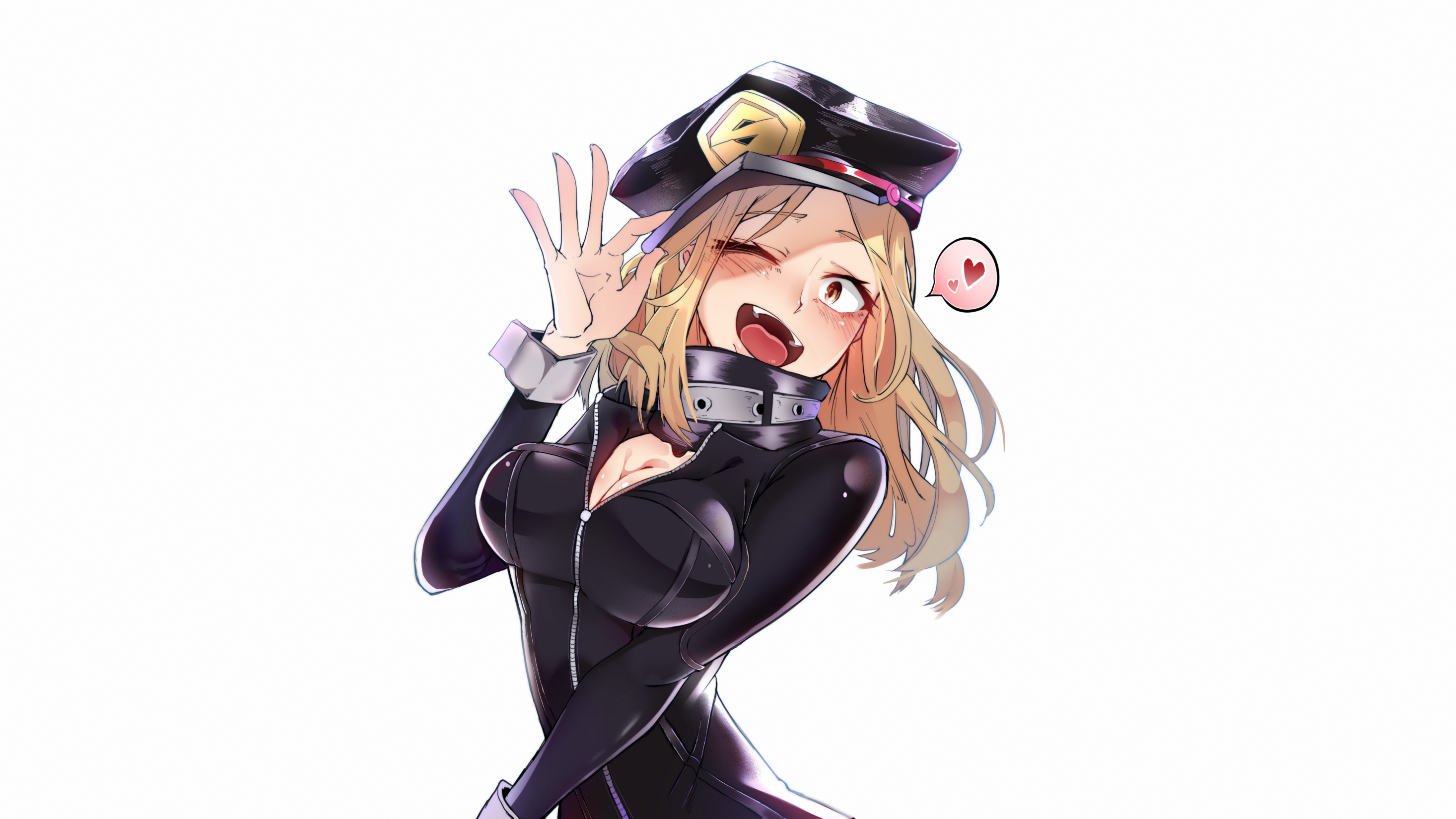 Anime 2933x1650 Utsushimi Camie Boku no Hero Academia anime anime girls blonde berets looking at viewer wink happy open mouth blushing cleavage catsuit heart (design) portrait white background simple background artwork drawing 2D digital art illustration fan art Kidmukuro speech bubble hat arched back unzipped