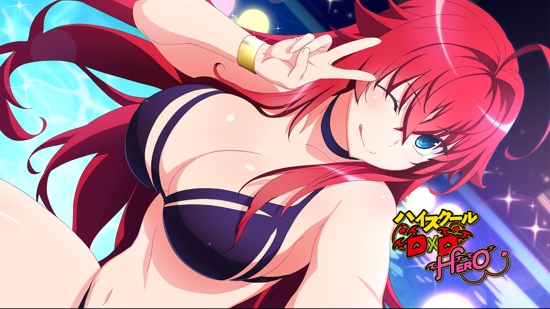 Anime 1920x1080 High School DxD Gremory Rias redhead blue eyes wink tongue out peace sign big boobs bikini purple bikini long hair belly water looking at viewer boobs women selfies cleavage one eye closed tongues hand gesture