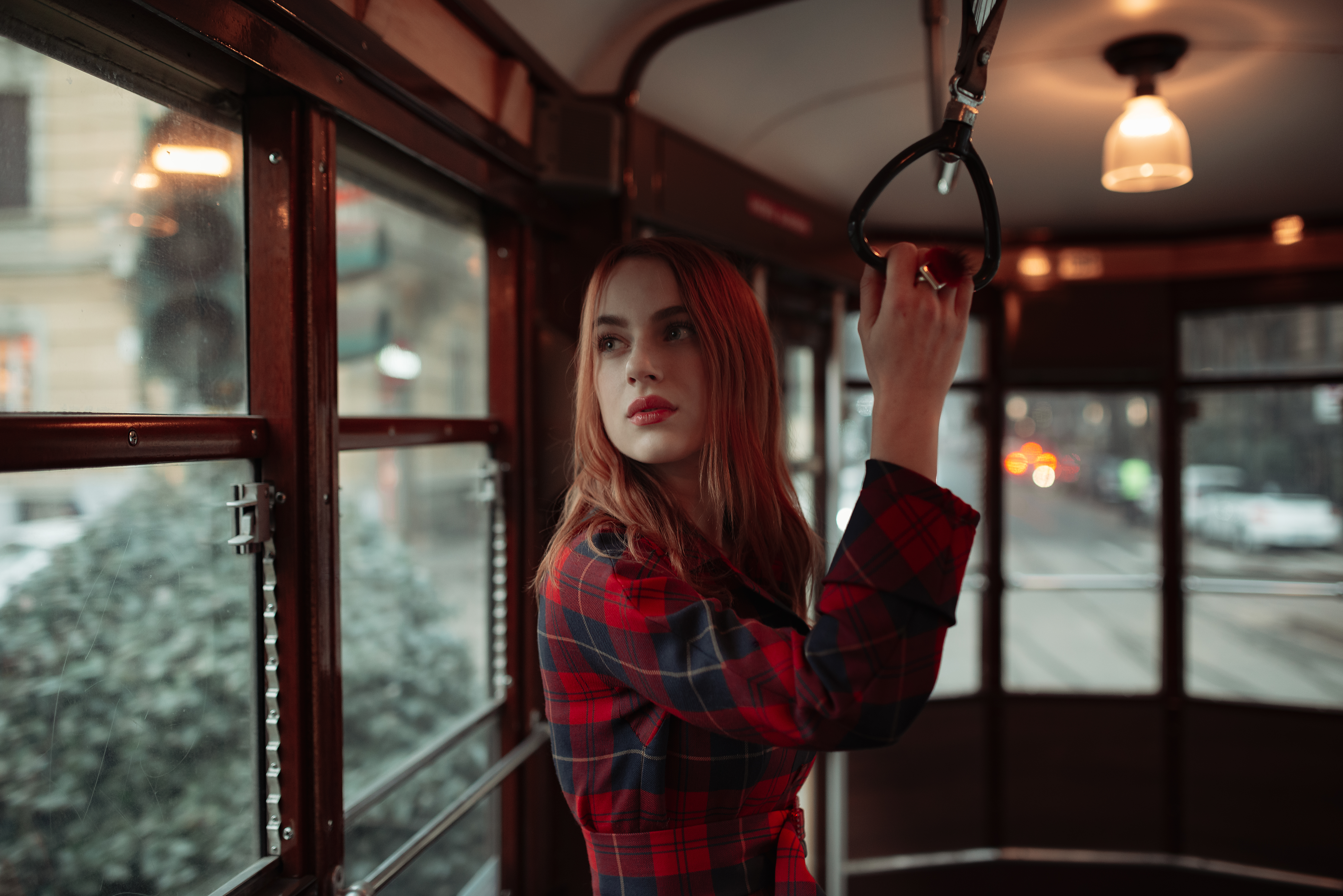 People 7320x4885 fashion Milan Nelb Rodrigues Italy women model redhead makeup red lipstick dyed hair looking out window plaid dress