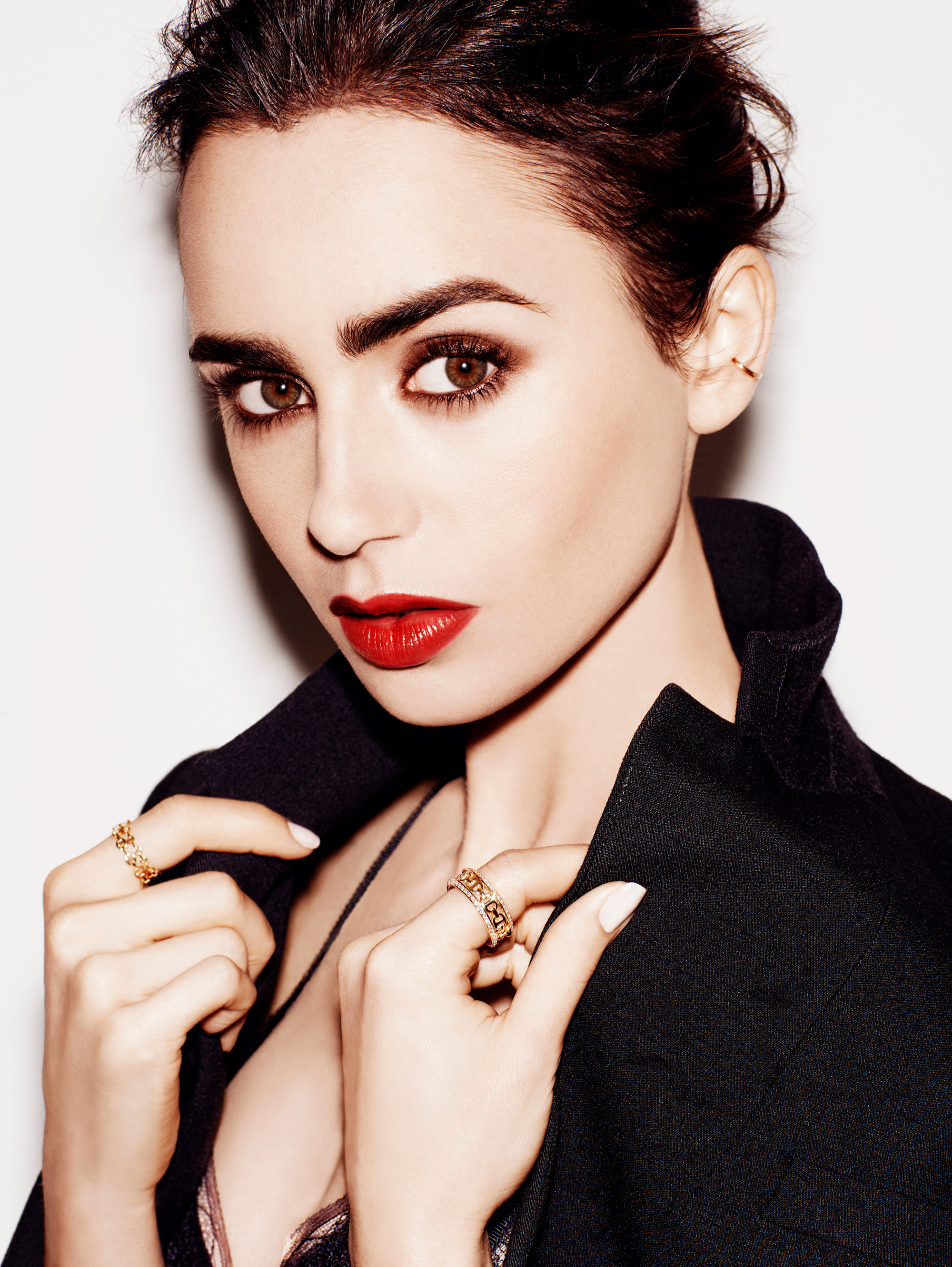 People 2000x2661 Lily Collins actress women brown eyes simple background red lipstick looking at viewer brunette portrait studio