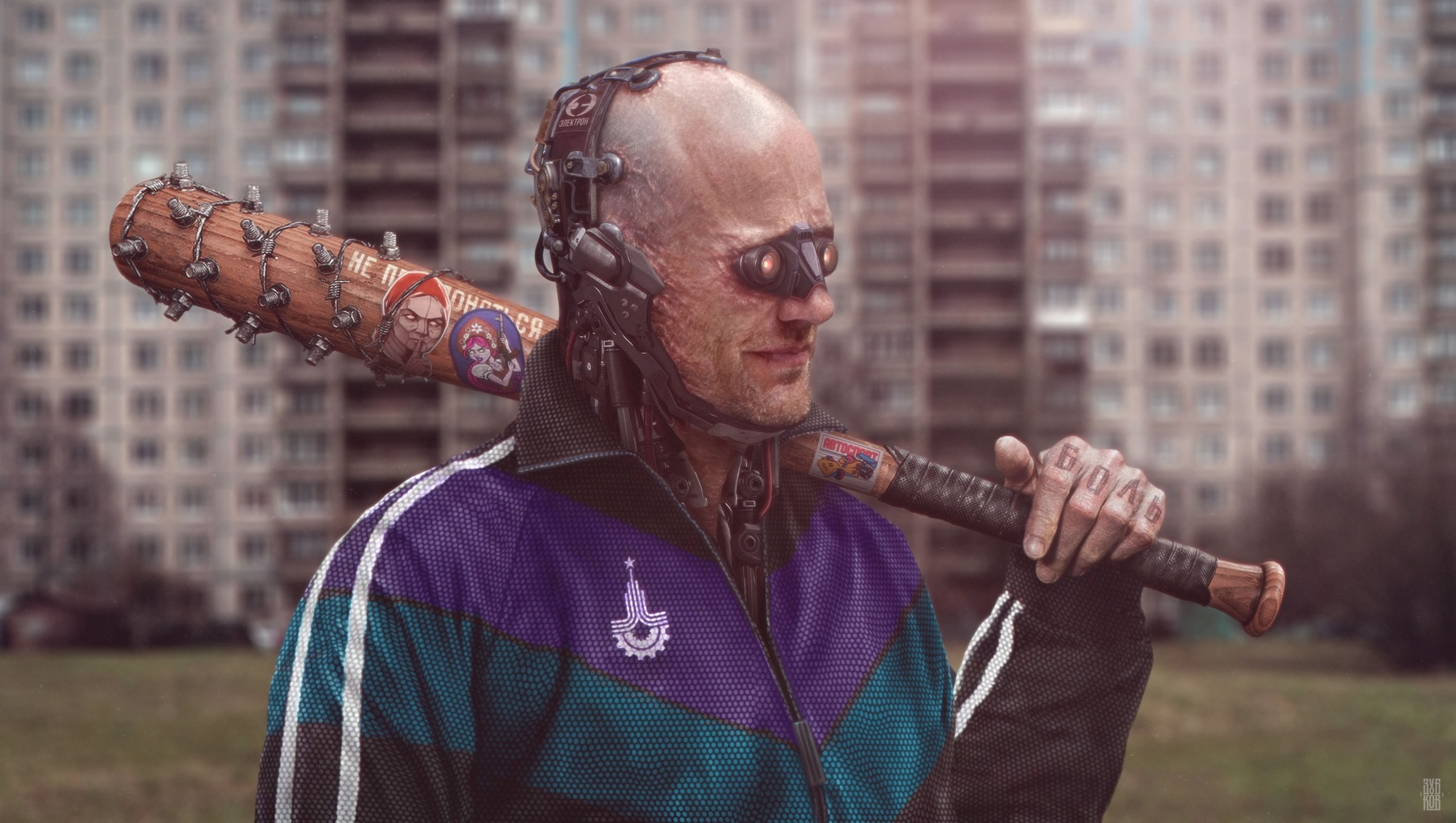 General 2560x1447 cyborg men baseball bat futuristic Evgeny Zubkov cyberpunk Russia gopnik