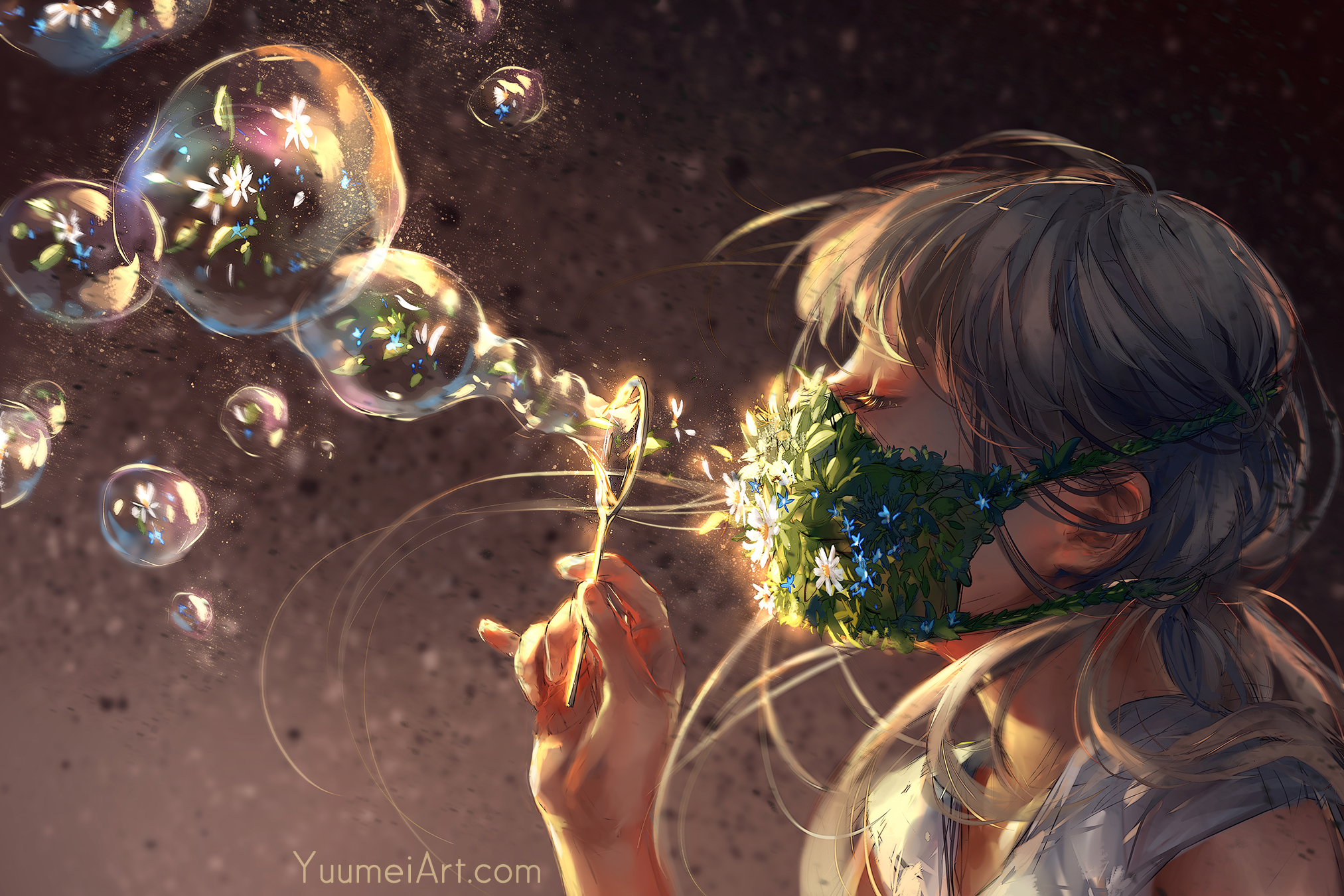 General 2025x1350 Yuumei anime girls mask flowers bubbles women sparkles face mask petals