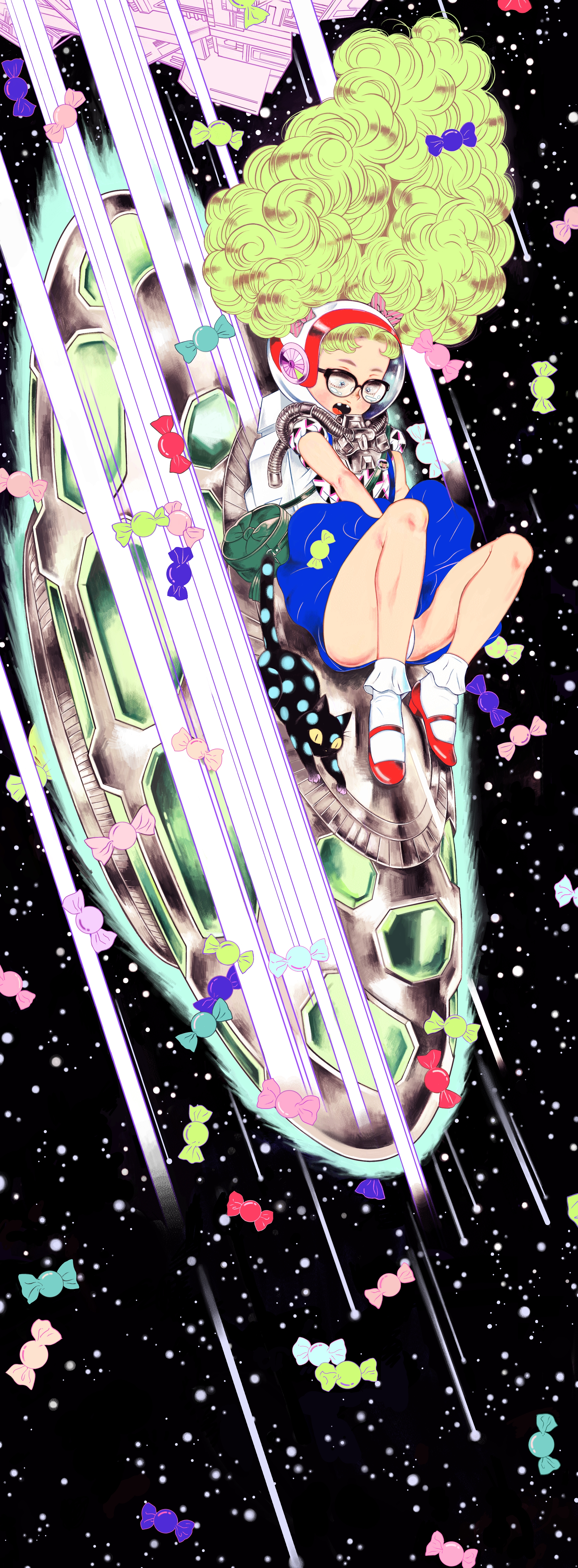 Anime 2272x6163 2D artwork green hair long hair glasses space anime girls