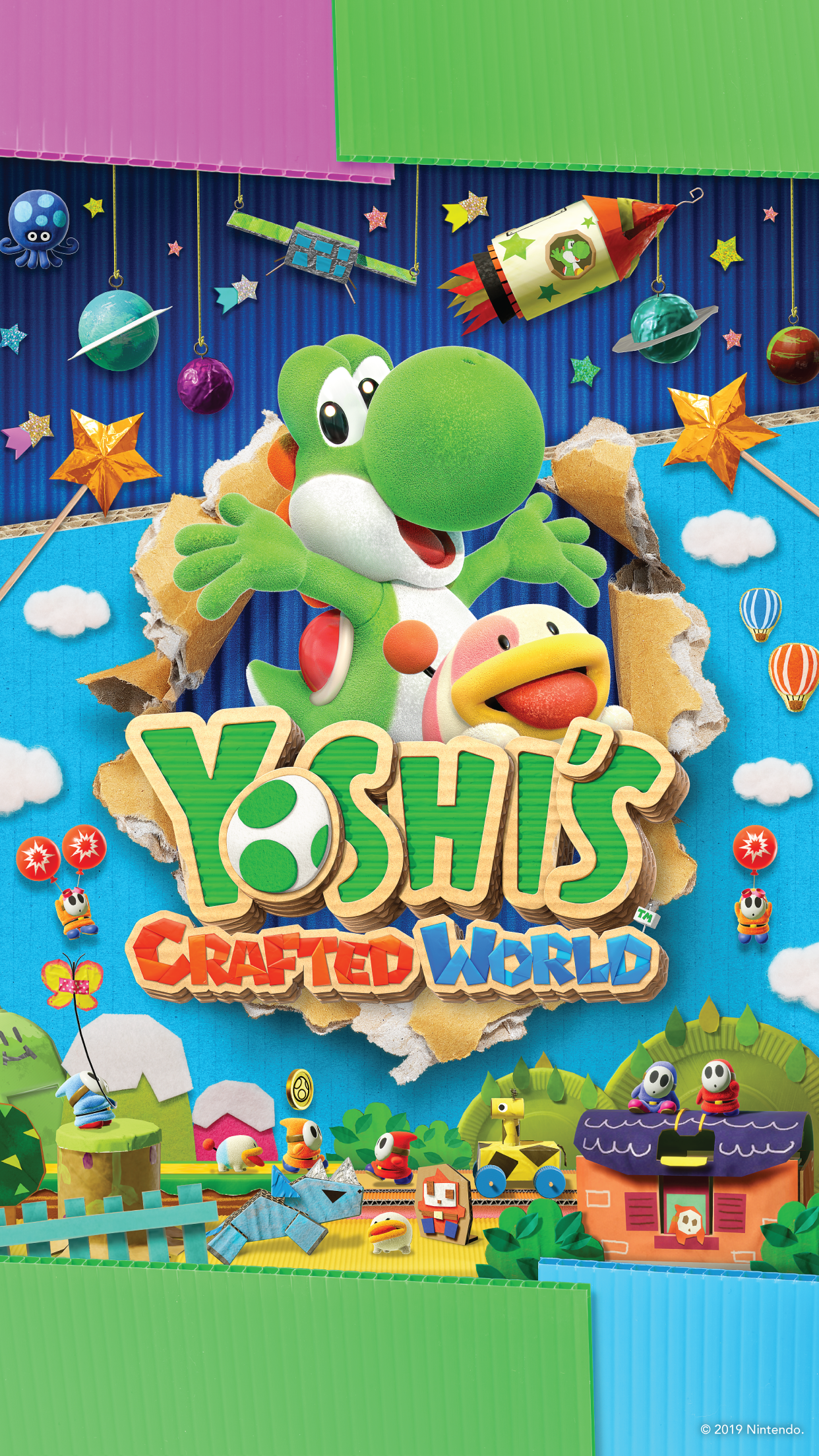 General 1242x2208 Yoshi Nintendo Switch video game characters video games Nintendo video game art smiling hot air balloons stars satellite rocket portrait display 2019 (year) shooting stars planet watermarked open arms title Yoshi's Crafted World balloon cardboard digital art leaves Shy Guy