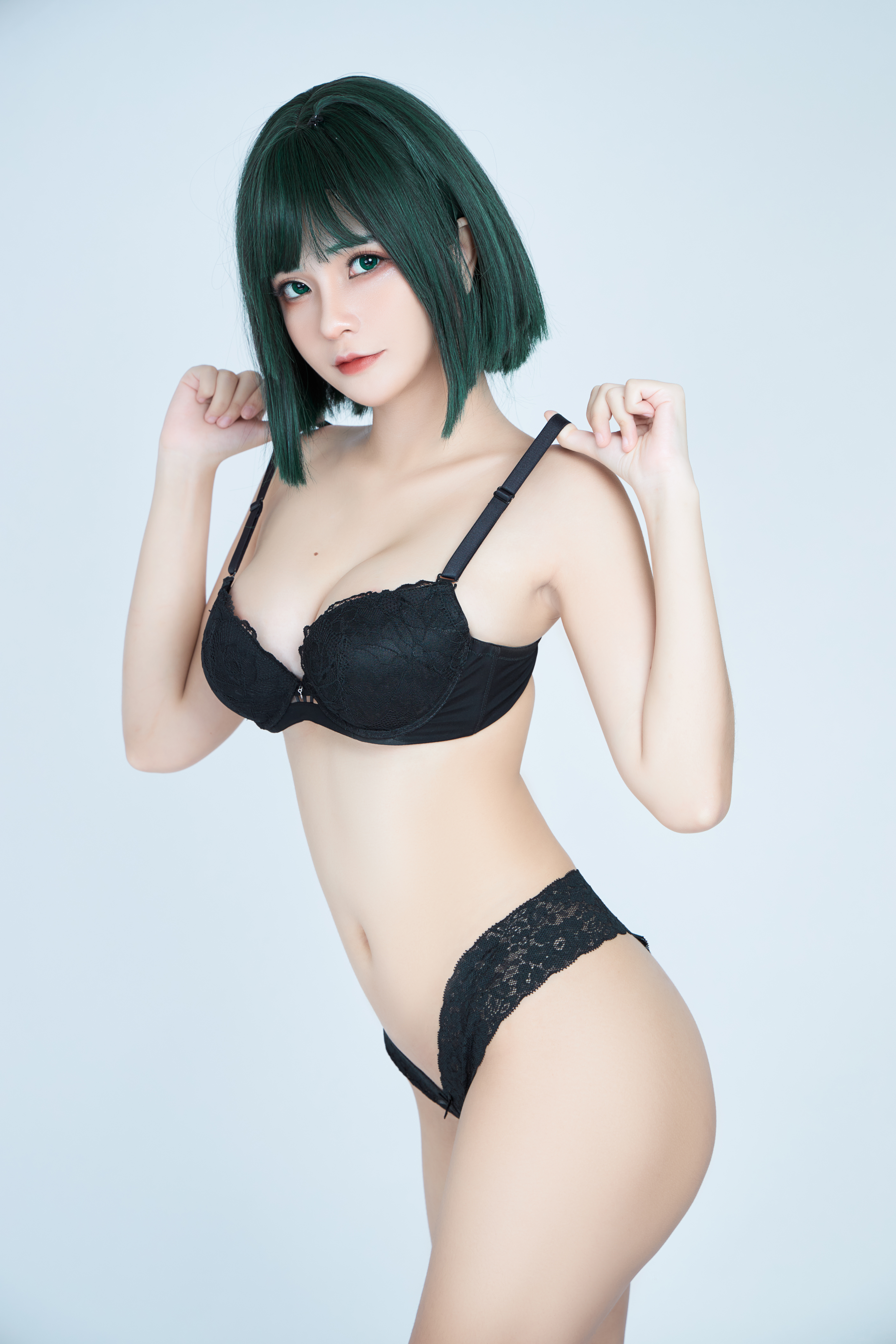 People 4355x6532 women model cosplay Azami short hair green hair green eyes Fubuki anime anime girls One-Punch Man big boobs lingerie belly belly button ass looking at viewer cleavage boobs Asian bra straps