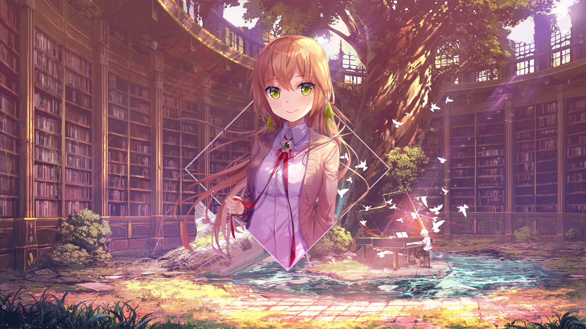 Anime 1920x1080 anime anime girls books trees piano digital art picture-in-picture blonde green eyes smiling