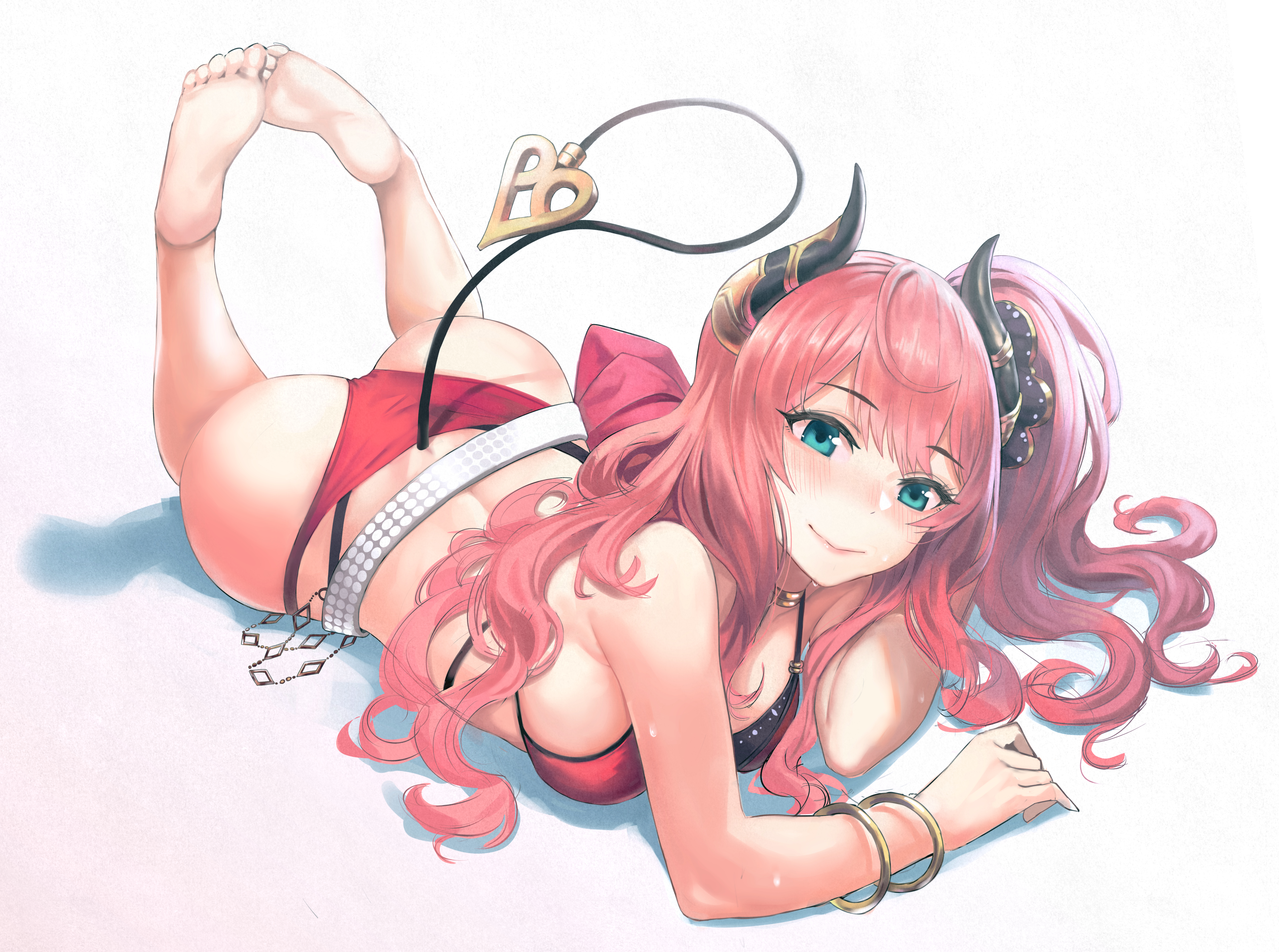 Anime 5225x3890 Princess Connect Re:Dive ass bikini demon garter belt green eyes horns long hair pink hair tail demon girls anime girls Suzuna (Princess Connect!) Mochirong back feet foot sole lying on front simple background white background