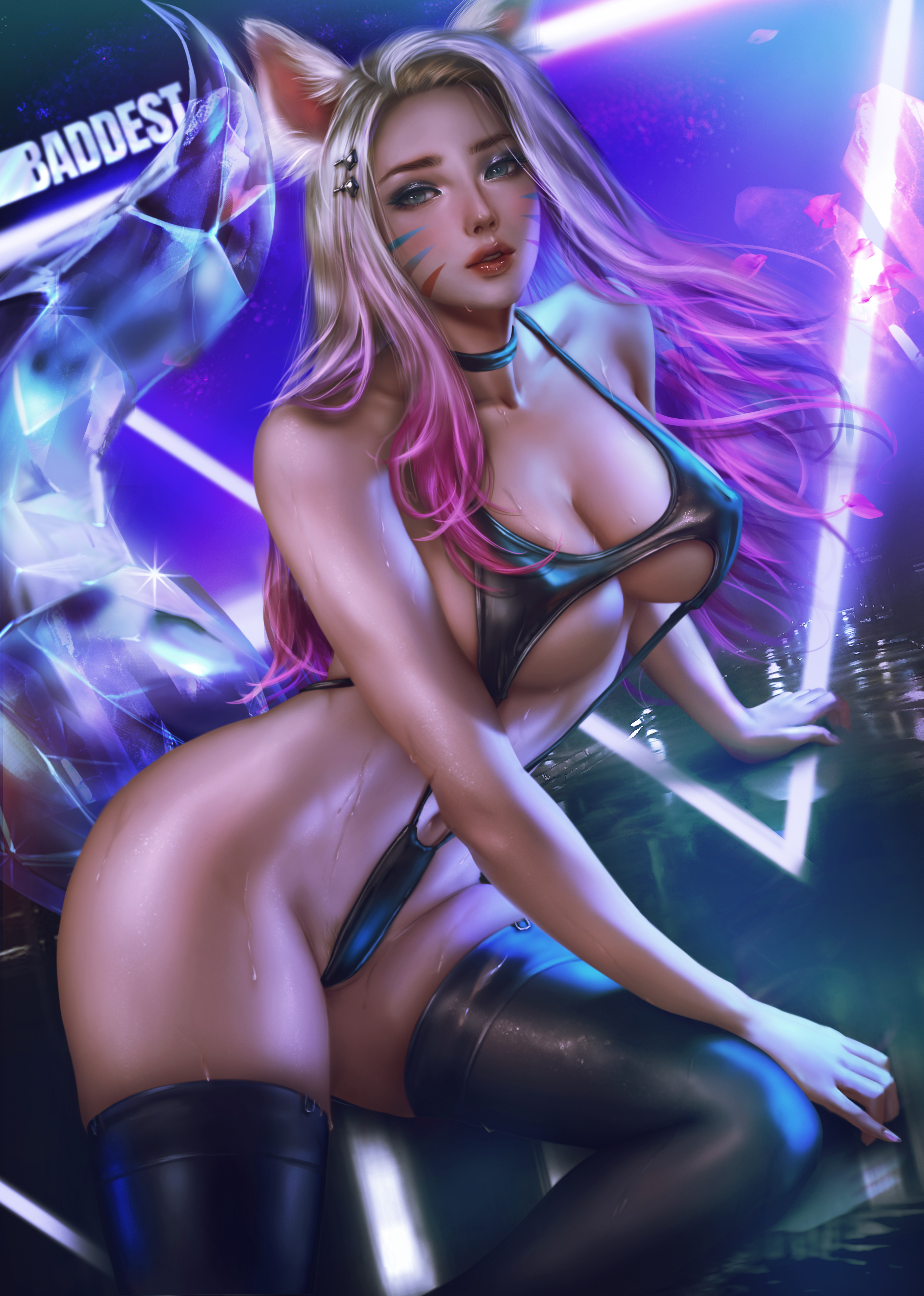 General 2788x3908 illustration artwork digital art fan art drawing women Logan Cure KDA Ahri Ahri (League of Legends) League of Legends video games video game girls video game characters video game art looking at viewer multi-colored hair thigh-highs parted lips neon bodysuit belly belly button K/DA