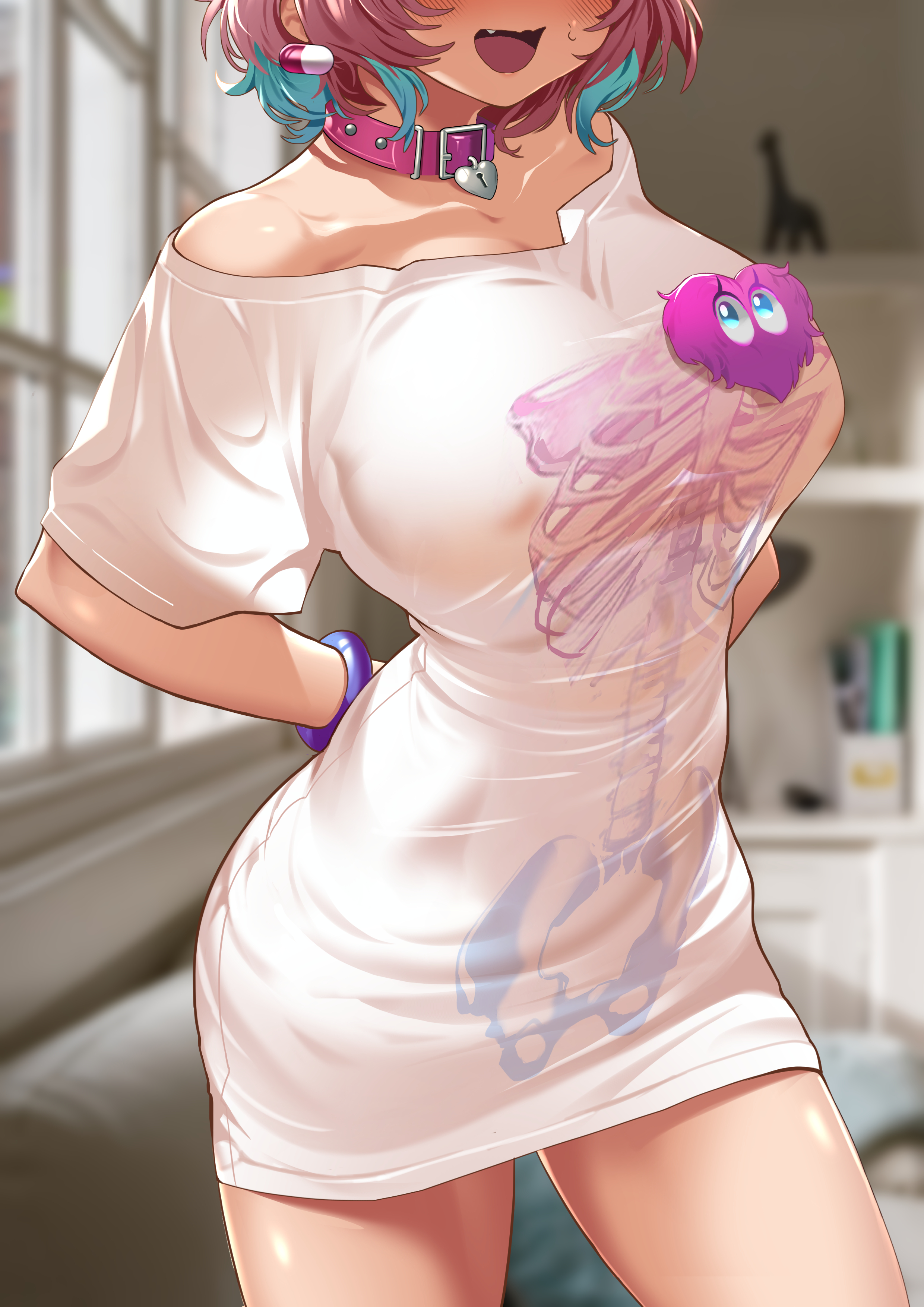 Anime 2480x3508 anime anime girls digital art artwork 2D portrait display Bsue THE iDOLM@STER Riamu Yumemi short hair pink hair collar open mouth T-shirt big boobs