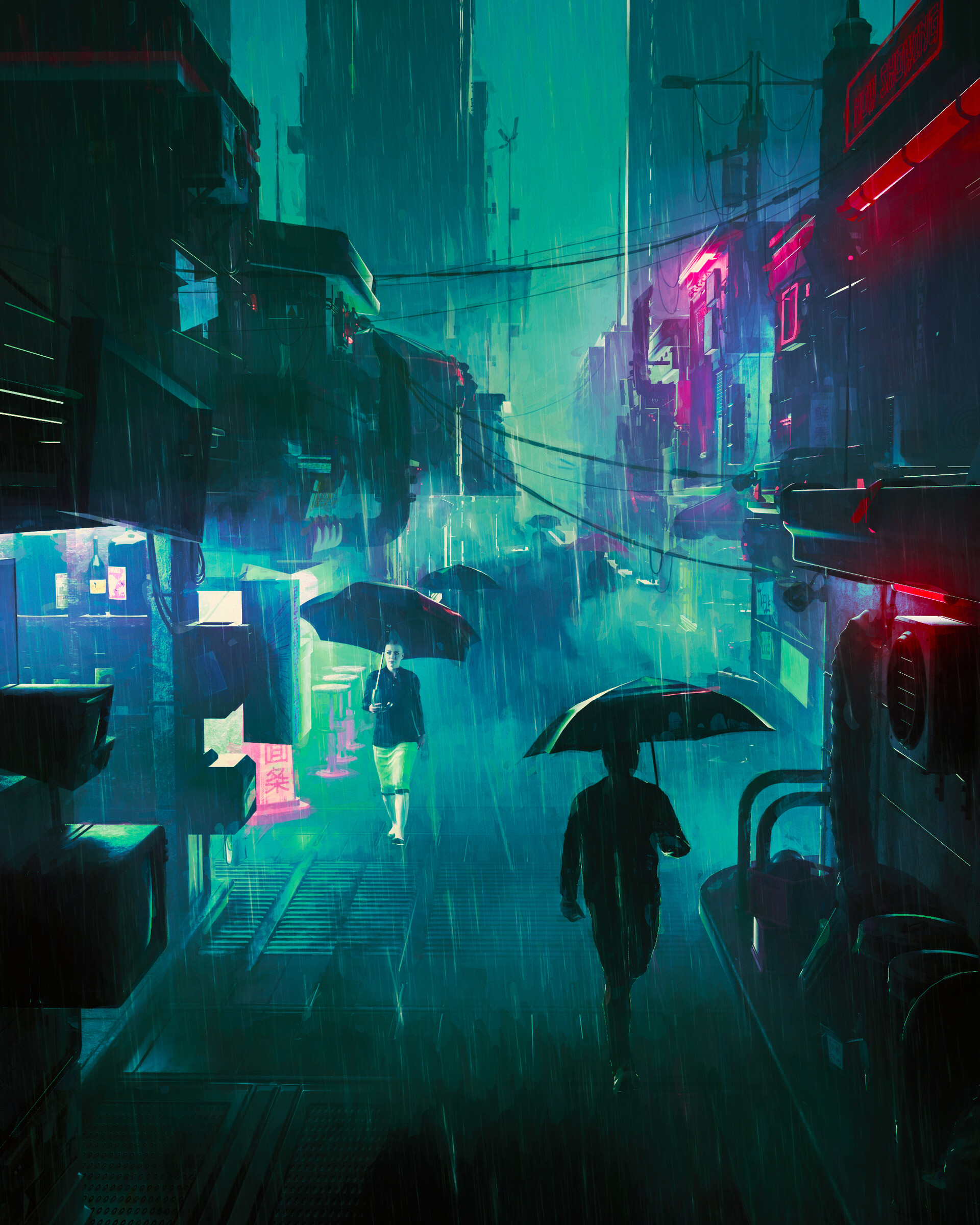 General 1920x2400 artwork futuristic cyber city cyberpunk digital art portrait display low light umbrella rain walking city building power lines