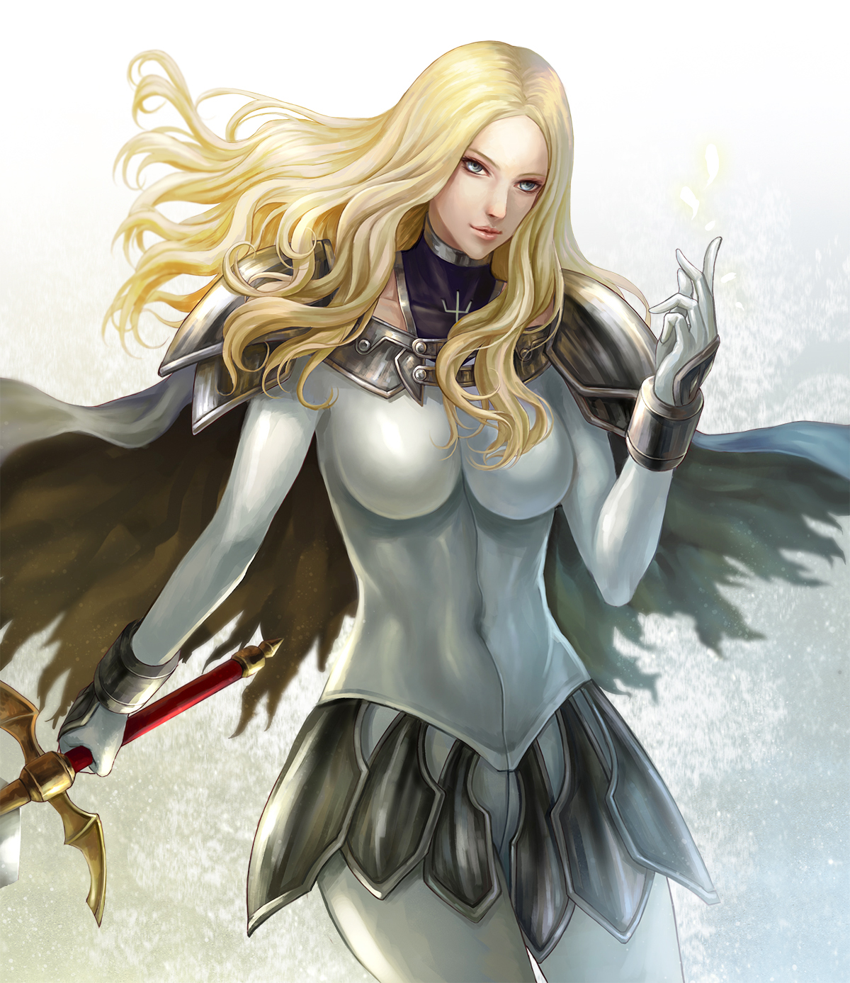 Anime 1200x1387 Claymore (anime) anime girls 2D women with swords big boobs bodysuit female warrior armor thighs looking at viewer long hair belly button Teresa (Claymore) gray eyes fan art smiling figure-hugging armor blonde