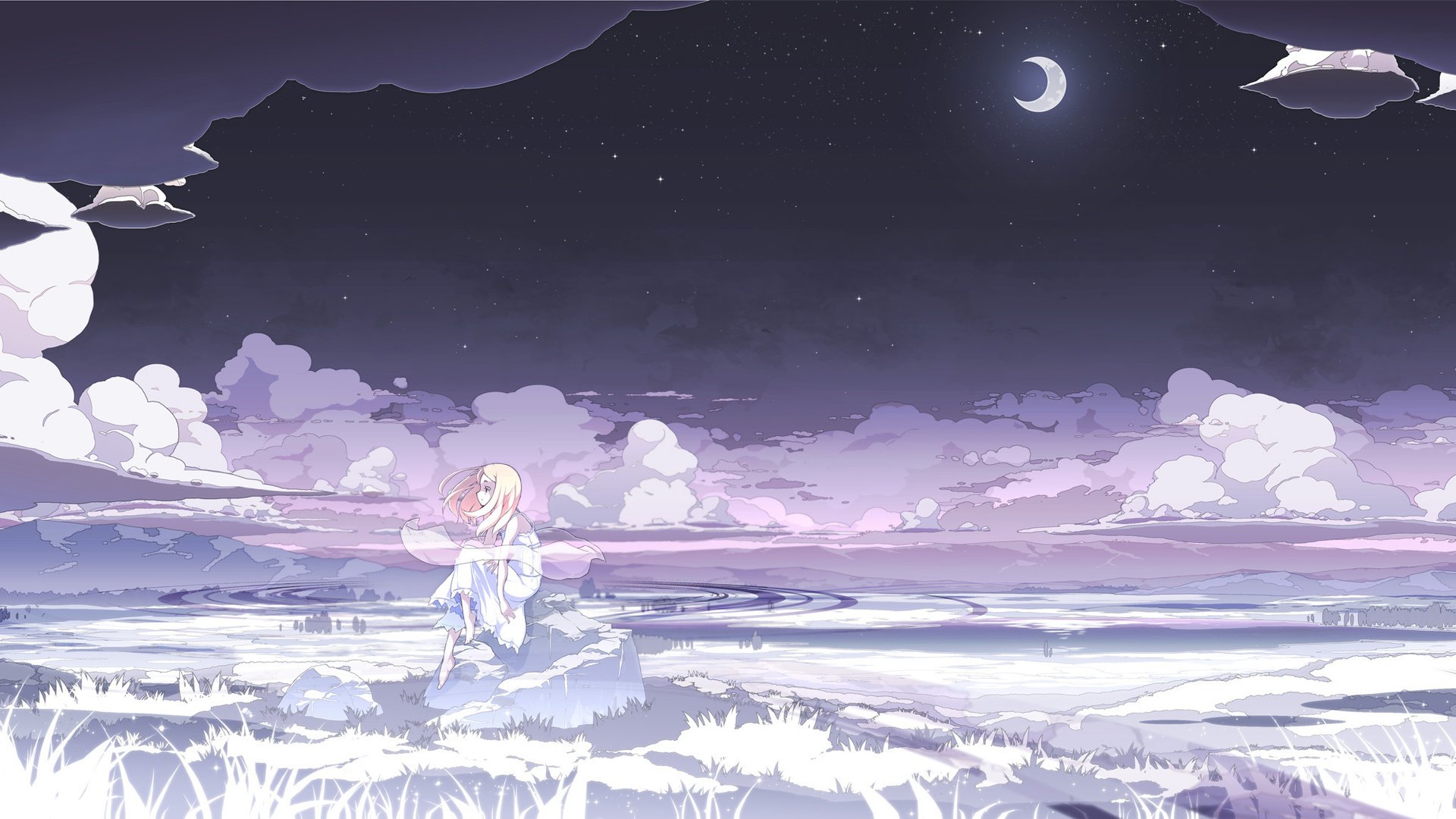 Anime 1920x1080 anime anime girls Moon clouds sky outdoors landscape
