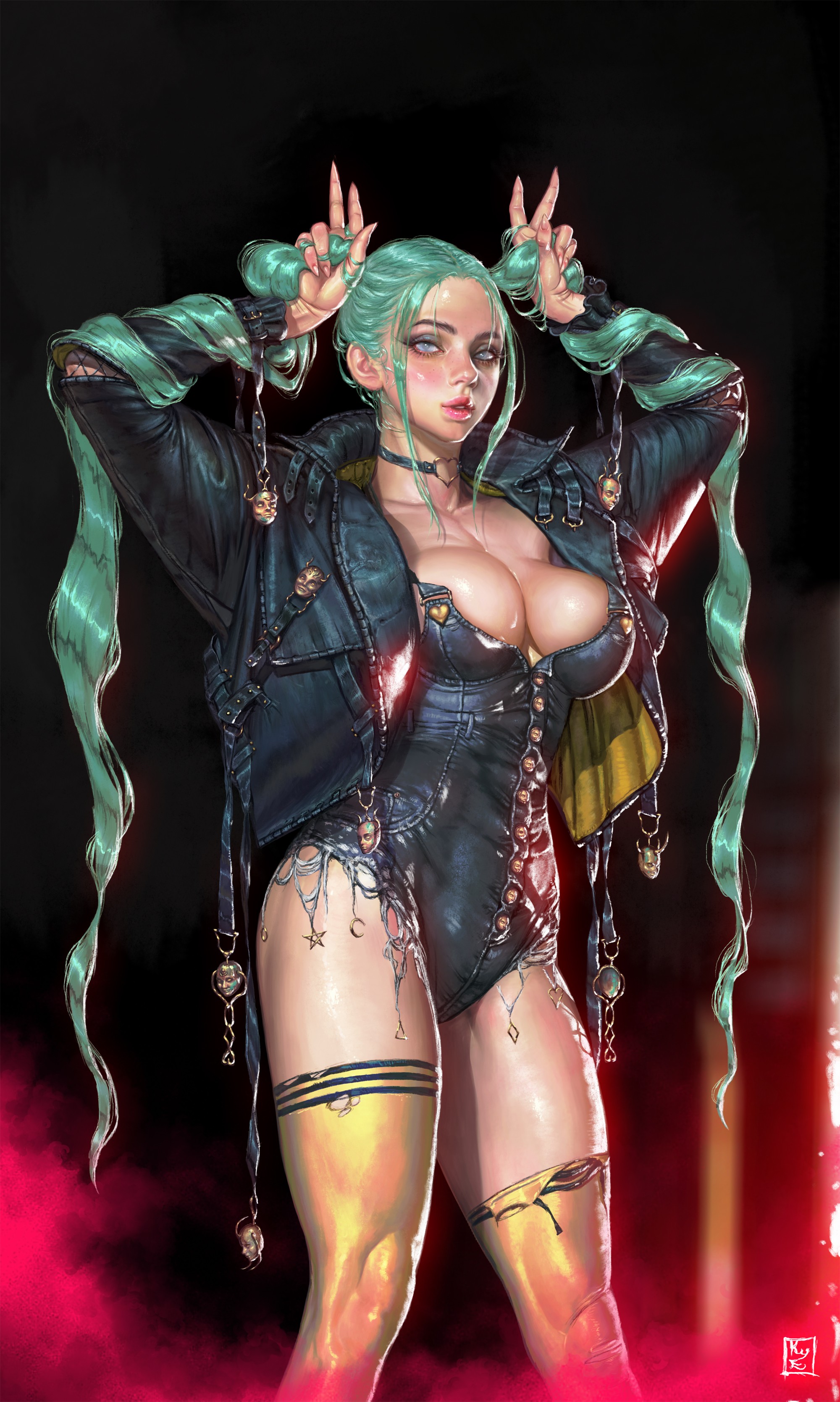 General 2000x3337 KyuYong Eom drawing women green hair twintails jacket long hair open clothes skimpy clothes torn clothes bodysuit cleavage body oil wet body sweat thigh-highs blushing big boobs boobs digital art