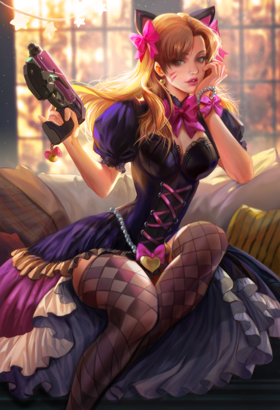 General 975x1425 Fan Yang drawing dress black clothing weapon gun thigh-highs looking at viewer ribbon blonde long hair hair accessories pink clothing pink face paint Overwatch D.Va (Overwatch) digital art