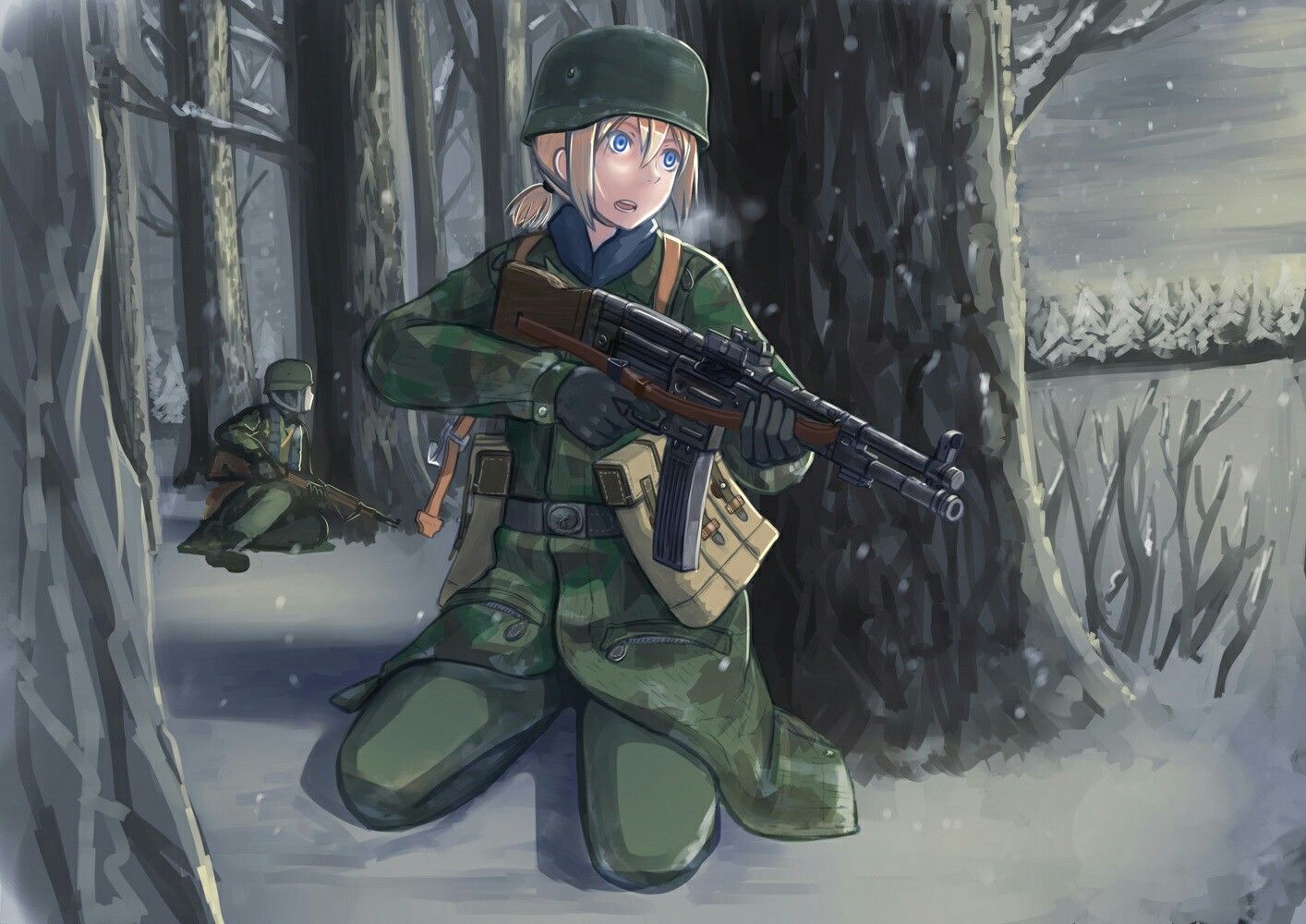 Anime 1414x1000 illustration anime soldier army weapon forest drawing girls with guns Naze1940_Erica German