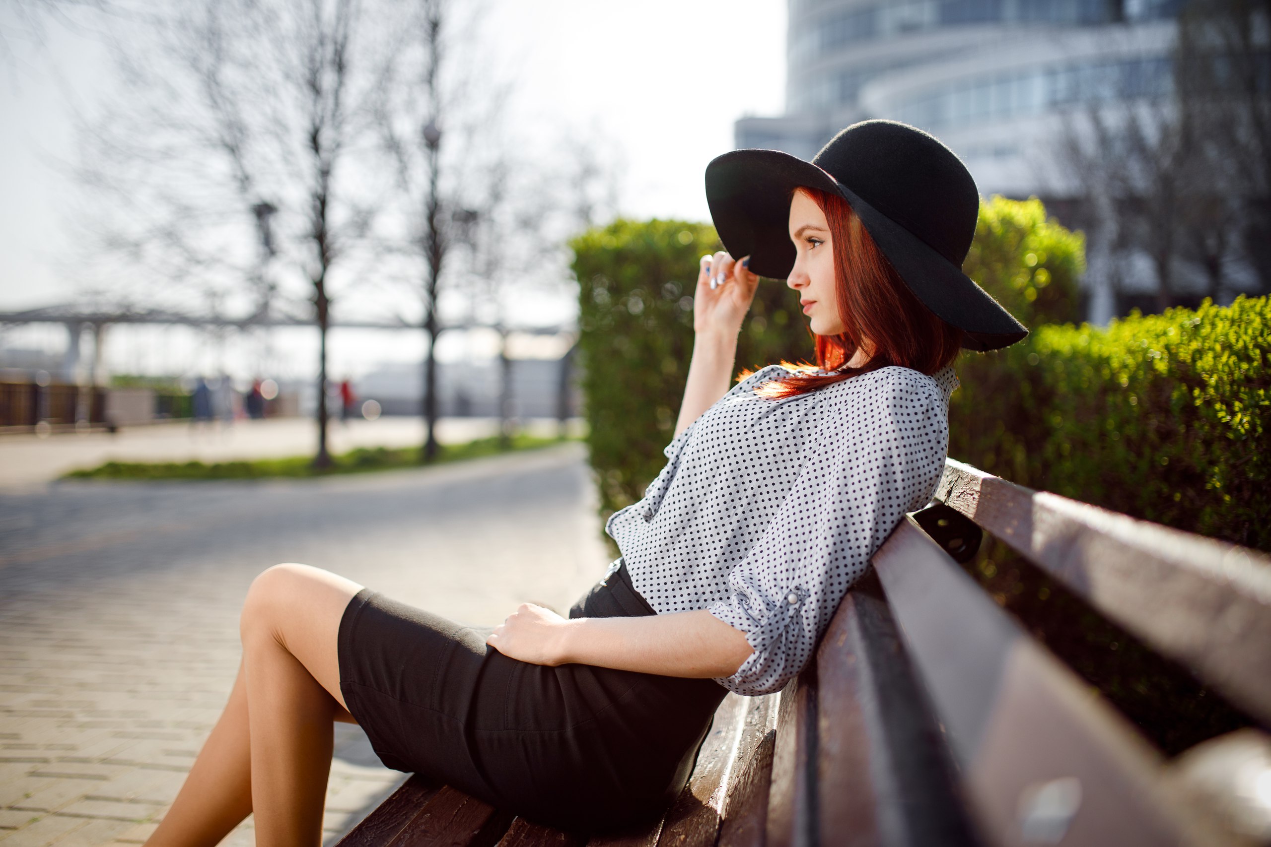 People 2560x1707 women model redhead portrait outdoors women with hats hat blouses skirt black skirts sitting bench bushes depth of field profile looking into the distance women outdoors
