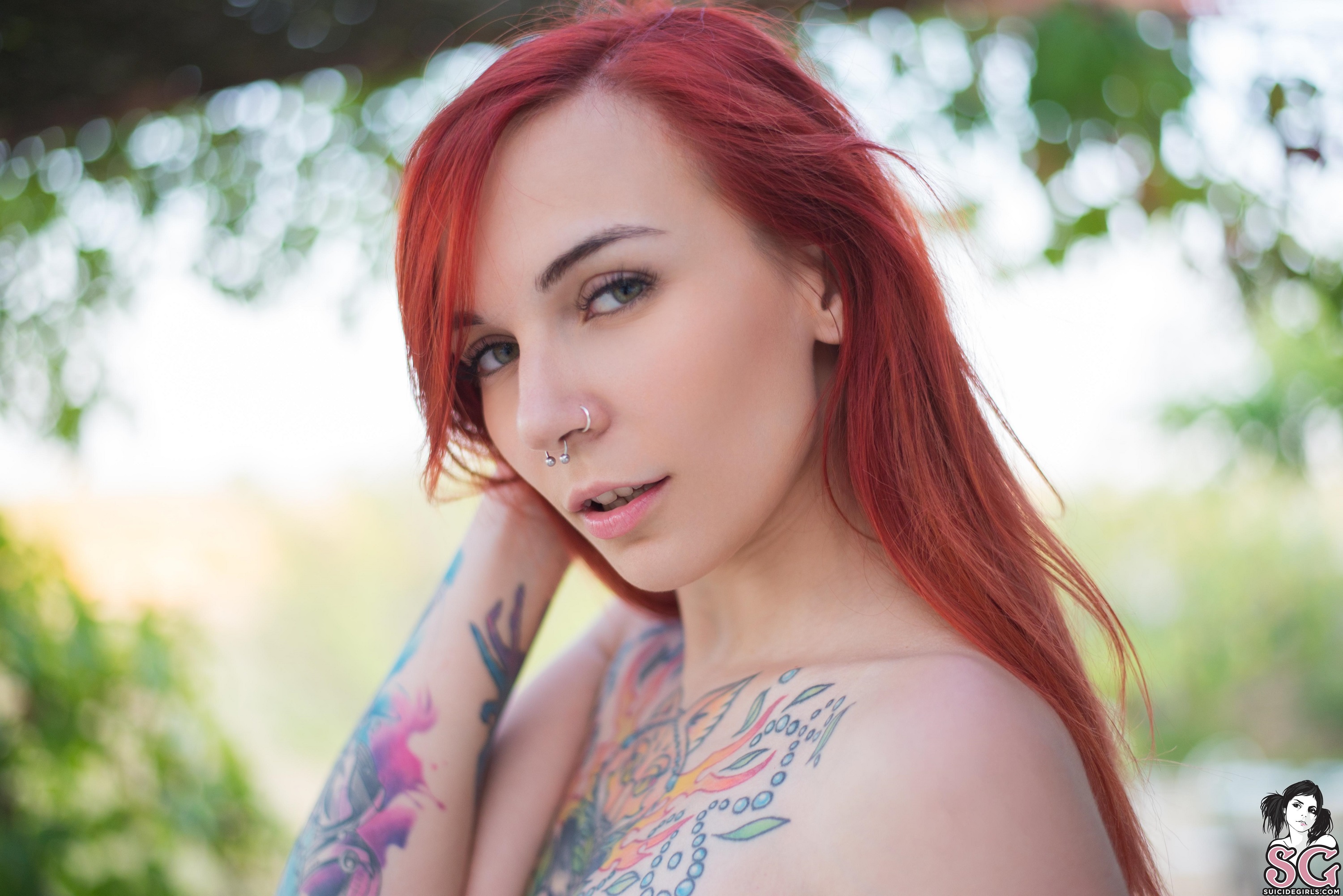 People 3000x2002 Ivylina women model redhead outdoors looking at viewer pierced septum nose ring inked girls tattoo depth of field bokeh bare shoulders hands on head face women outdoors Suicide Girls