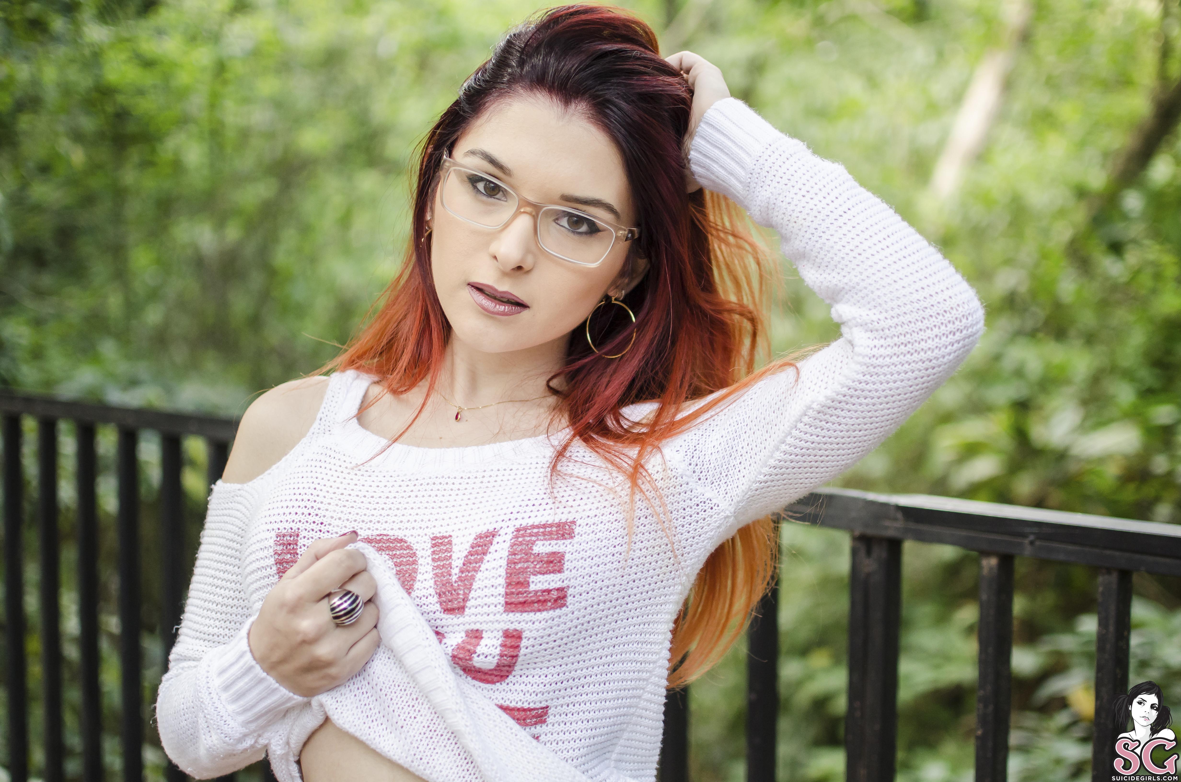 People 4928x3264 Cahpolly (SuicideGirls) glasses sweater Suicide Girls women women with glasses one arm up redhead dyed hair earring red lipstick makeup printed sweater rings watermarked women outdoors balcony white sweater looking at viewer model closeup