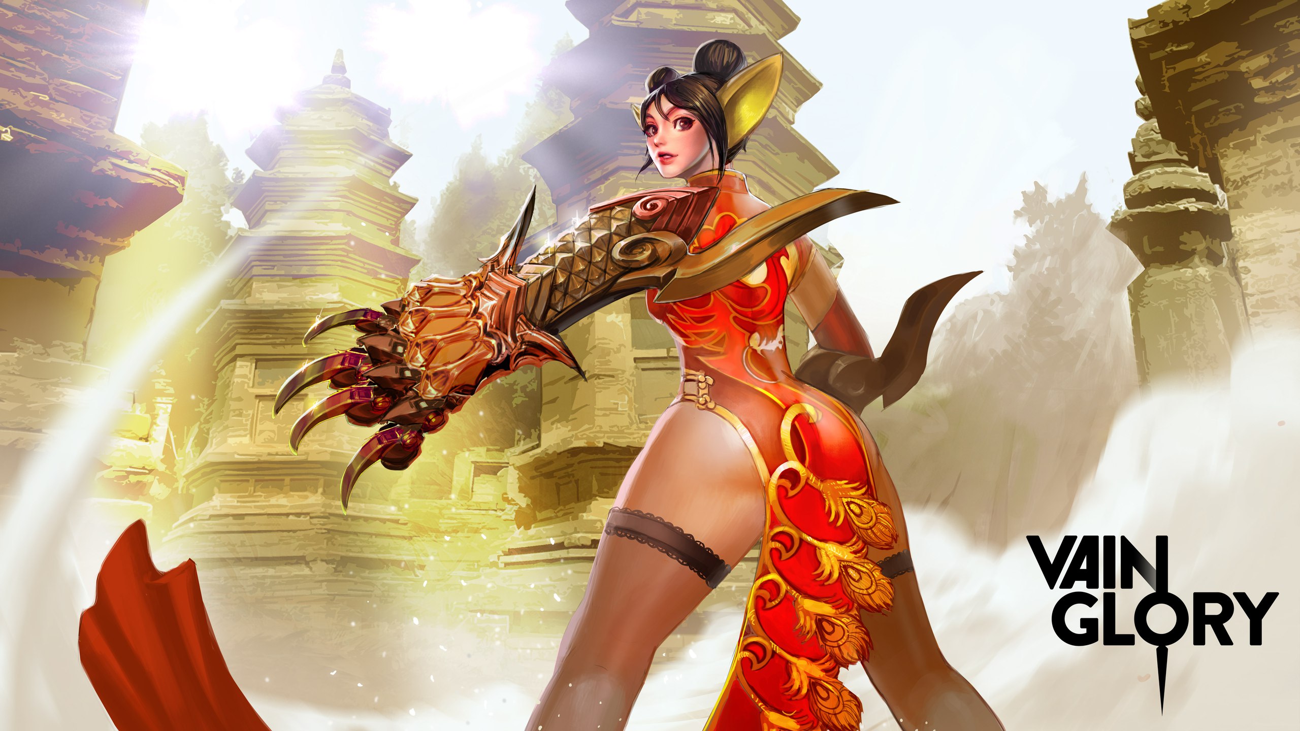 General 2560x1440 Vainglory Koshka video game characters digital art video games looking over shoulder ass looking back standing looking at viewer short hair Chinese dress stockings parted lips hairbun twintails brunette brown eyes skinny title claws sunlight