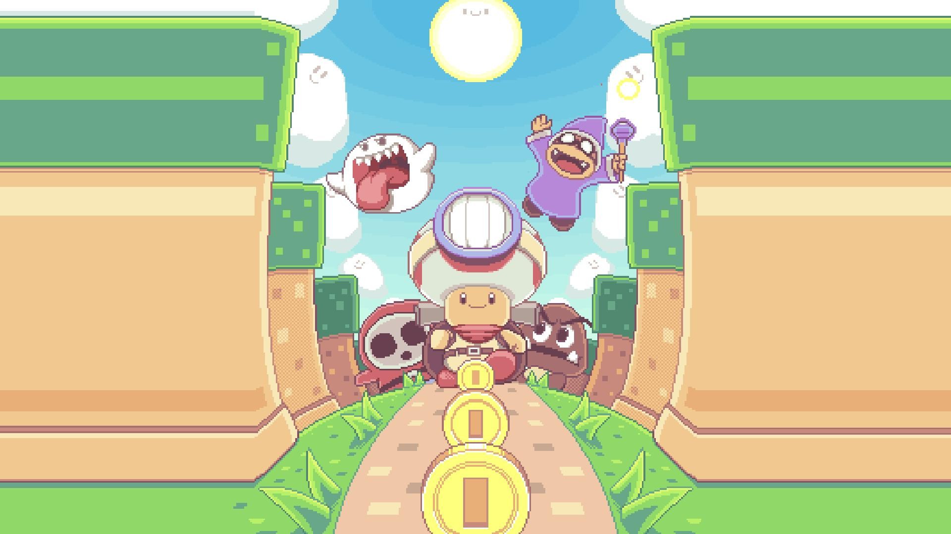 General 1920x1080 money video games ghost Super Mario Toad (character) pixel art pixels clouds Sun grass cobblestone Shy Guy Goomba coins digital art Boo looking at viewer sky path walking pointy teeth