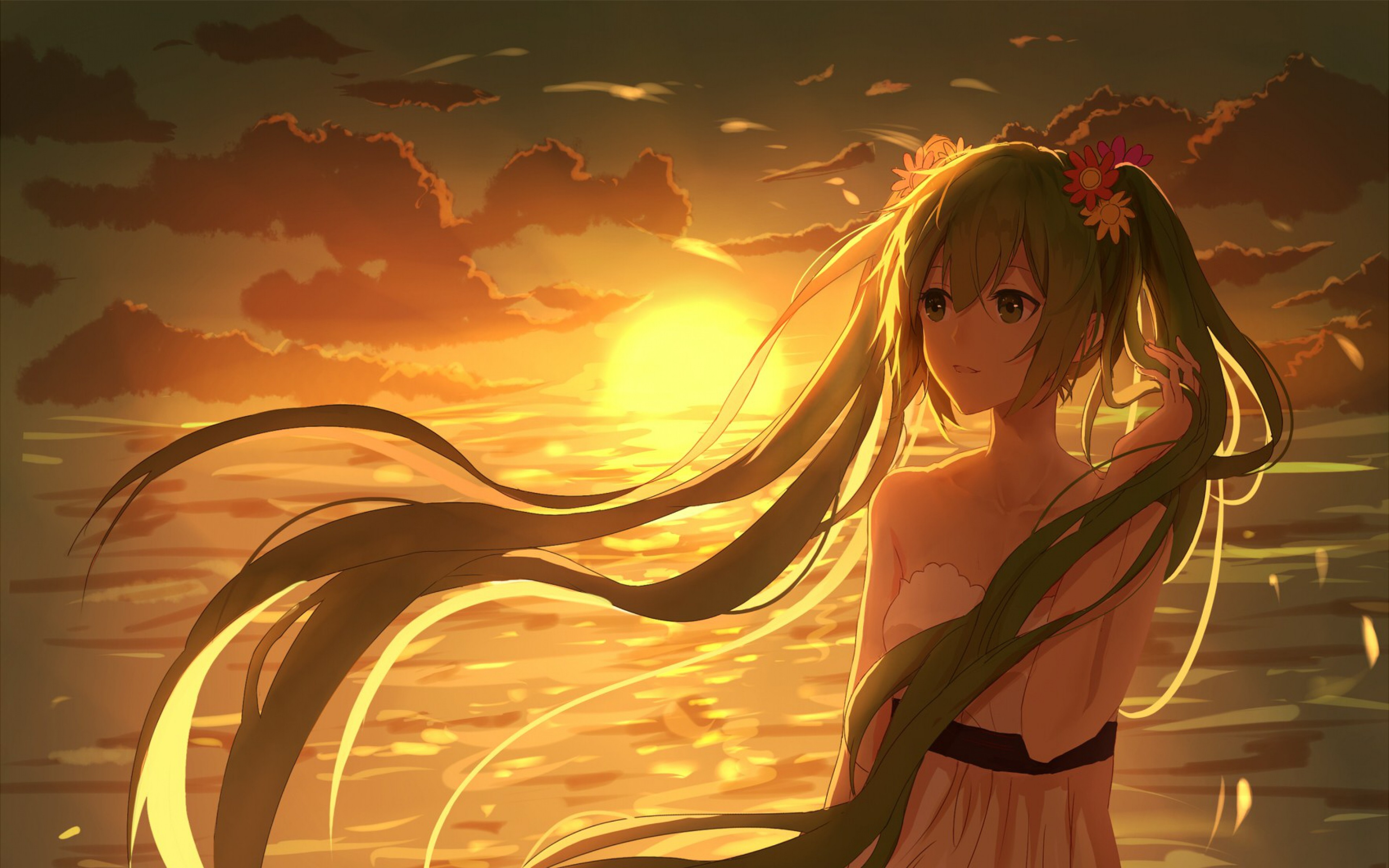 Anime 3840x2400 anime Hatsune Miku anime girls Sun sunlight sky sea flower in hair long hair