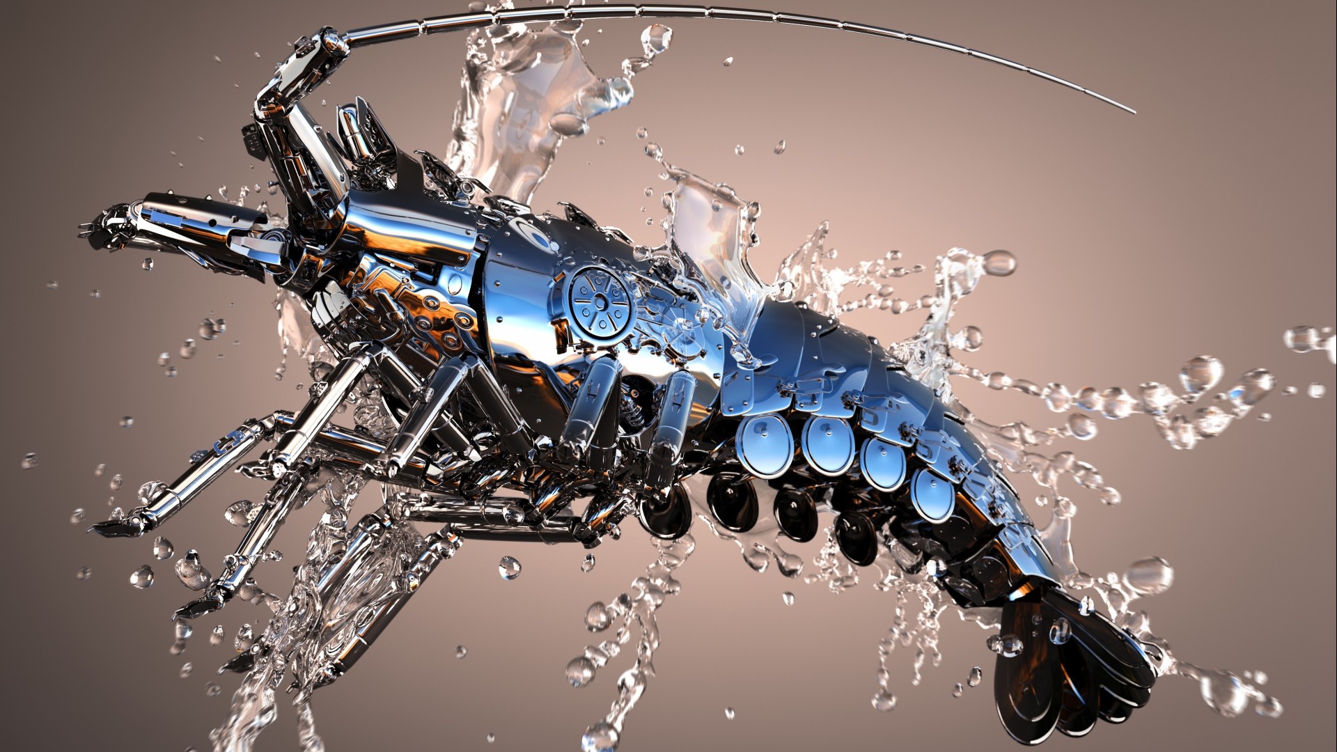 General 1920x1080 digital art animals CGI splashes metal water drops simple background lobsters reflection