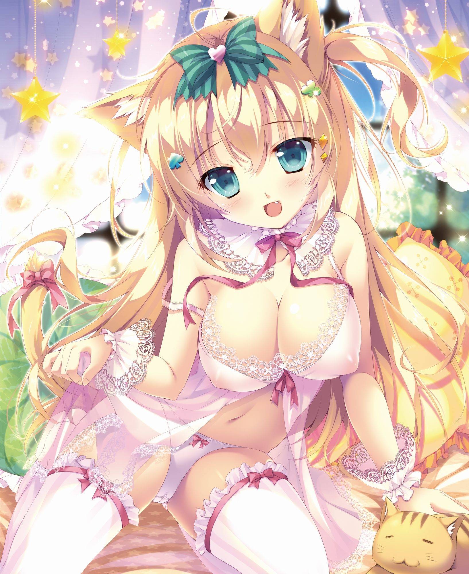 Anime 1634x2000 anime anime girls blonde lingerie thigh-highs kneeling animal ears tail cat girl aqua eyes see-through lingerie nipple bulge big boobs cleavage cameltoe cats Mikeou