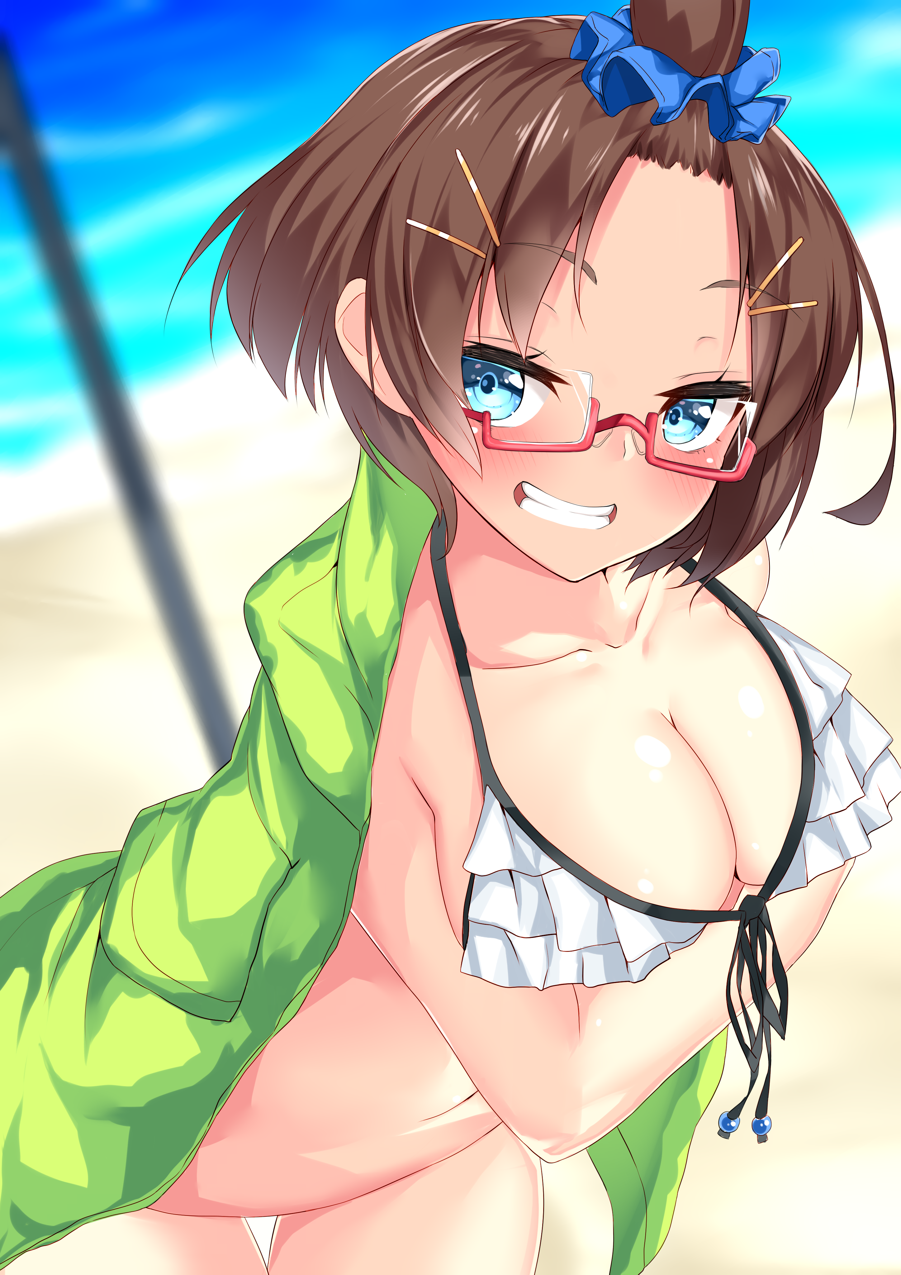 Anime 2893x4092 anime anime girls short hair brunette glasses blue eyes bikini beach cleavage smiling Nebusoku