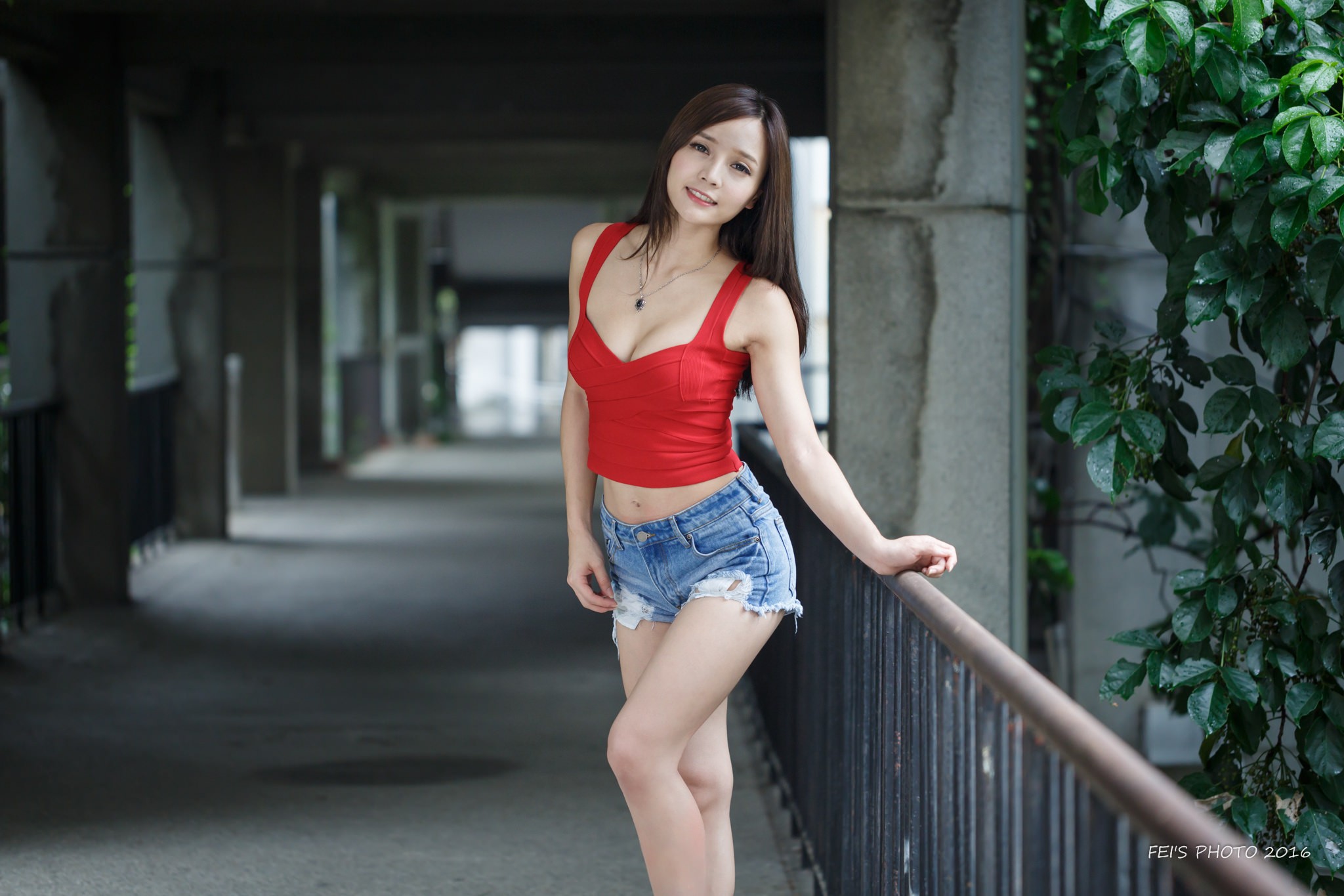 People 2048x1365 women Asian smiling jean shorts necklace tank top open mouth looking at viewer big boobs Red tank top