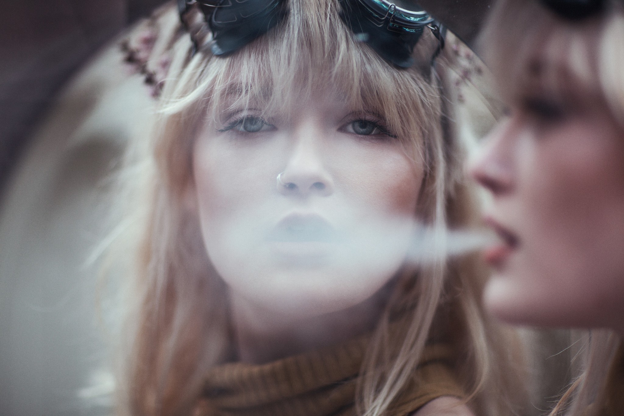 People 2048x1365 women Ruby James blonde goggles steampunk smoking smoke nose ring pierced nose closeup