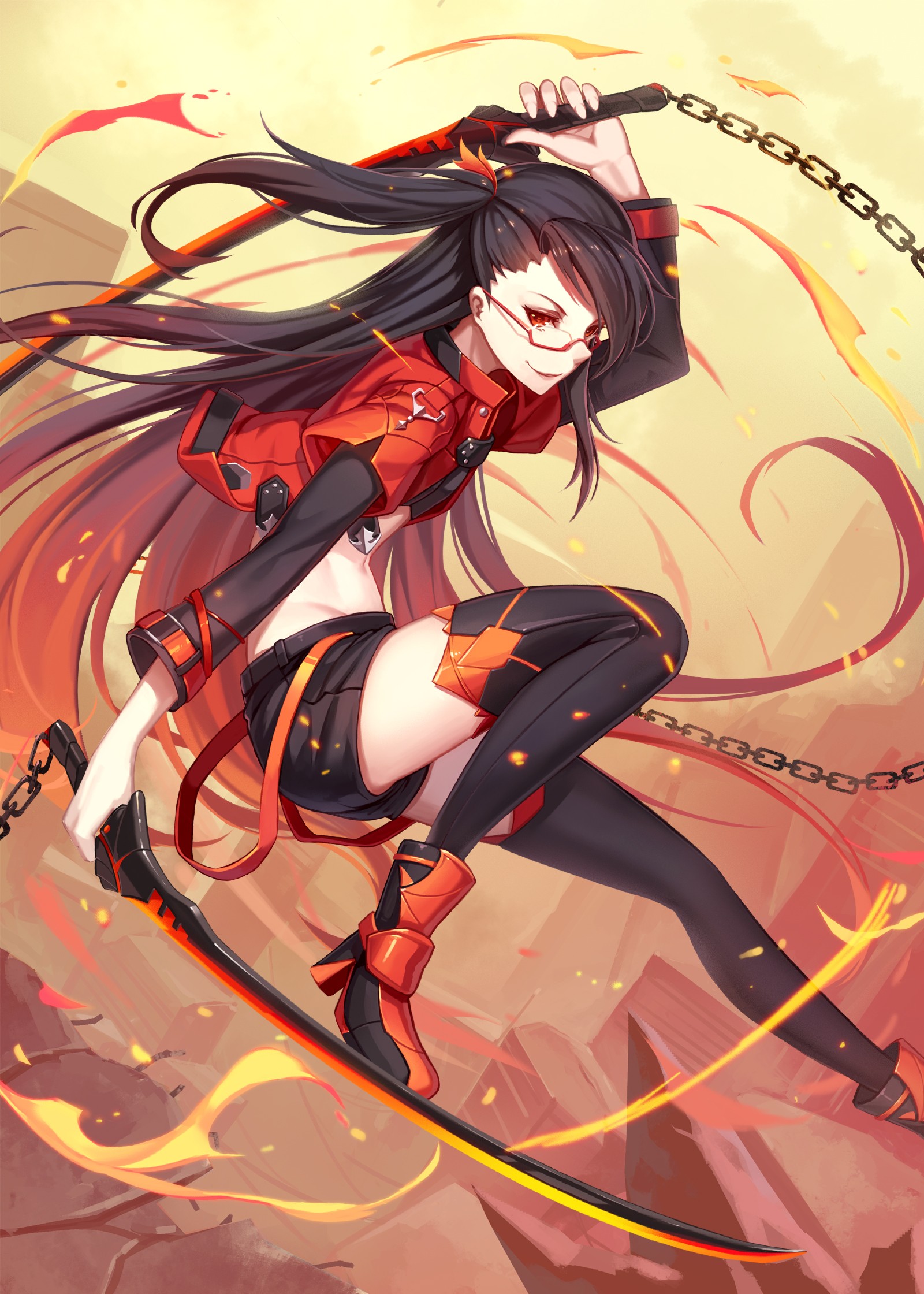 Anime 1600x2240 anime anime girls long hair black hair red eyes glasses sword weapon stockings thigh-highs