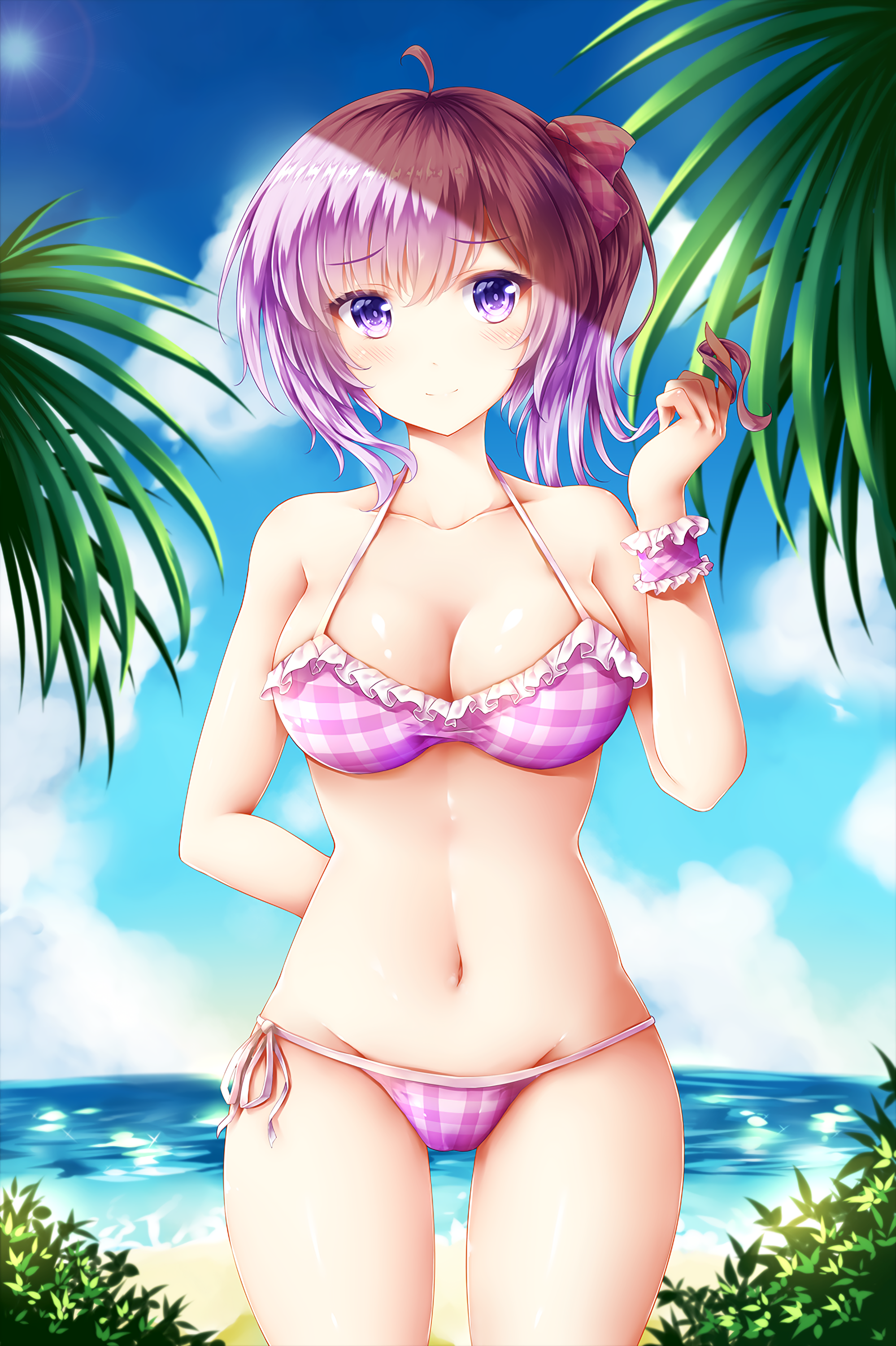 Anime 1998x3000 anime anime girls bikini sea sky clouds short hair purple hair purple eyes