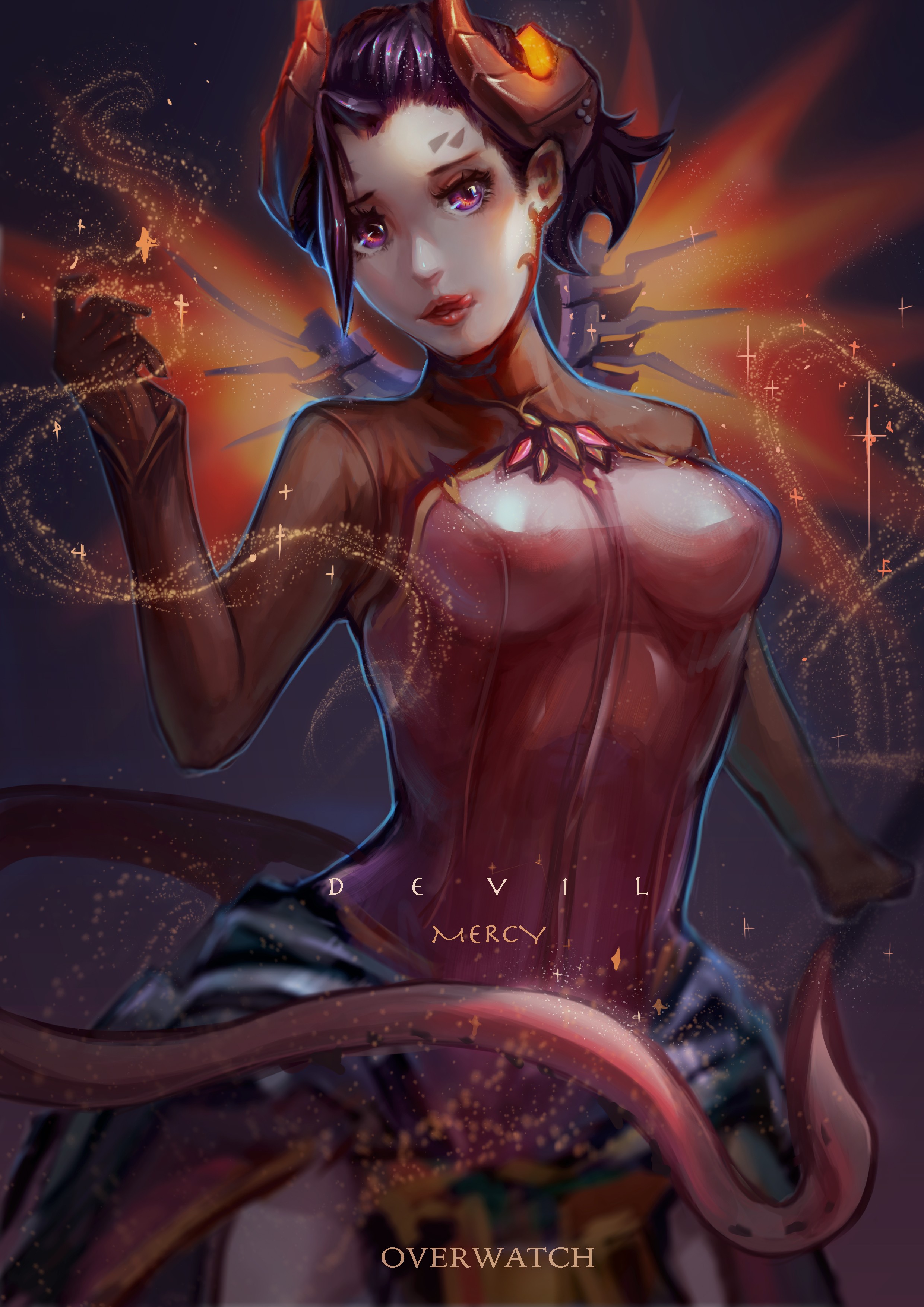 Anime 2480x3508 anime anime girls Overwatch Mercy (Overwatch) wings horns tail red eyes bodysuit