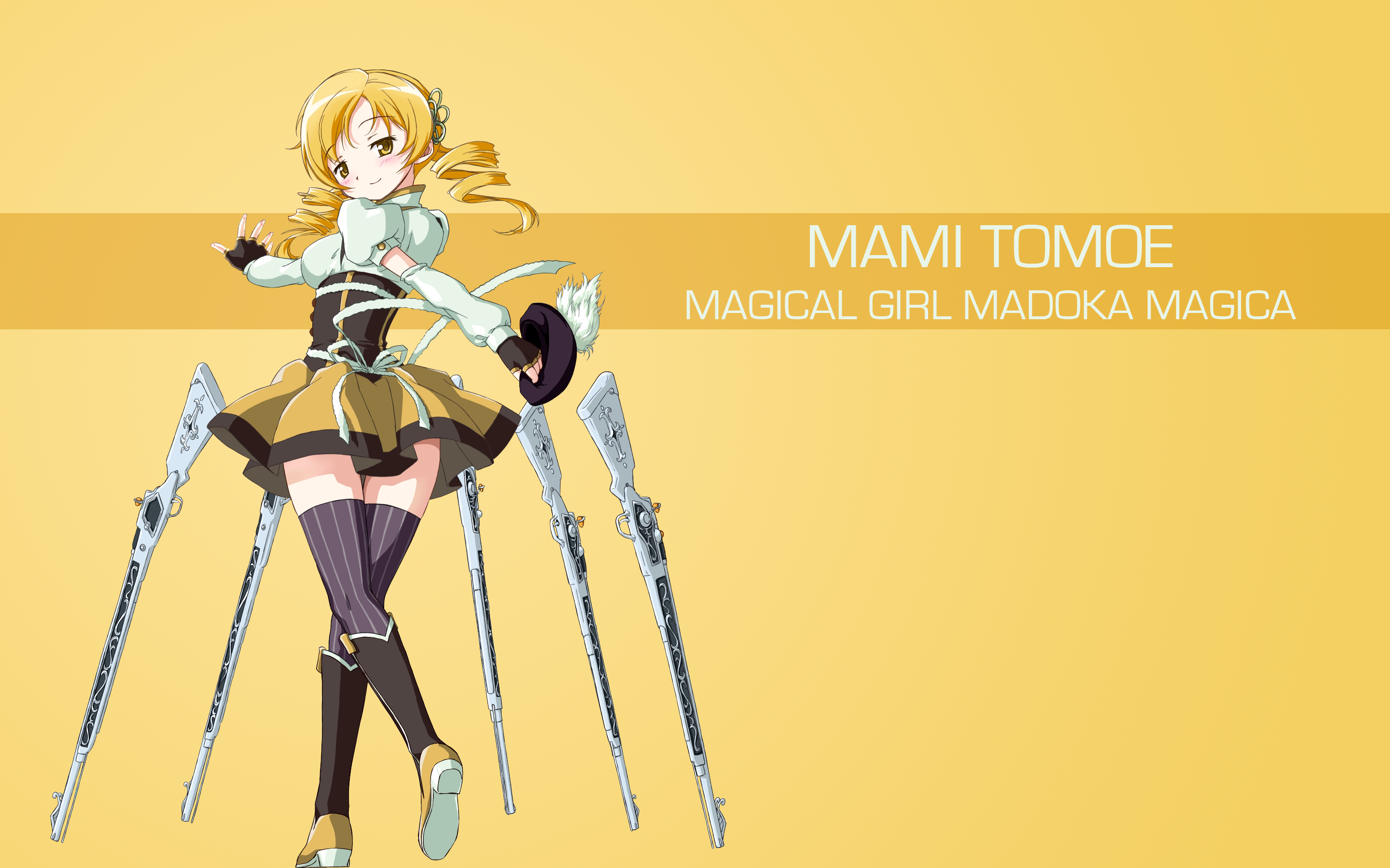 Anime 2880x1800 Mahou Shoujo Madoka Magica Tomoe Mami anime girls yellow background blonde musket